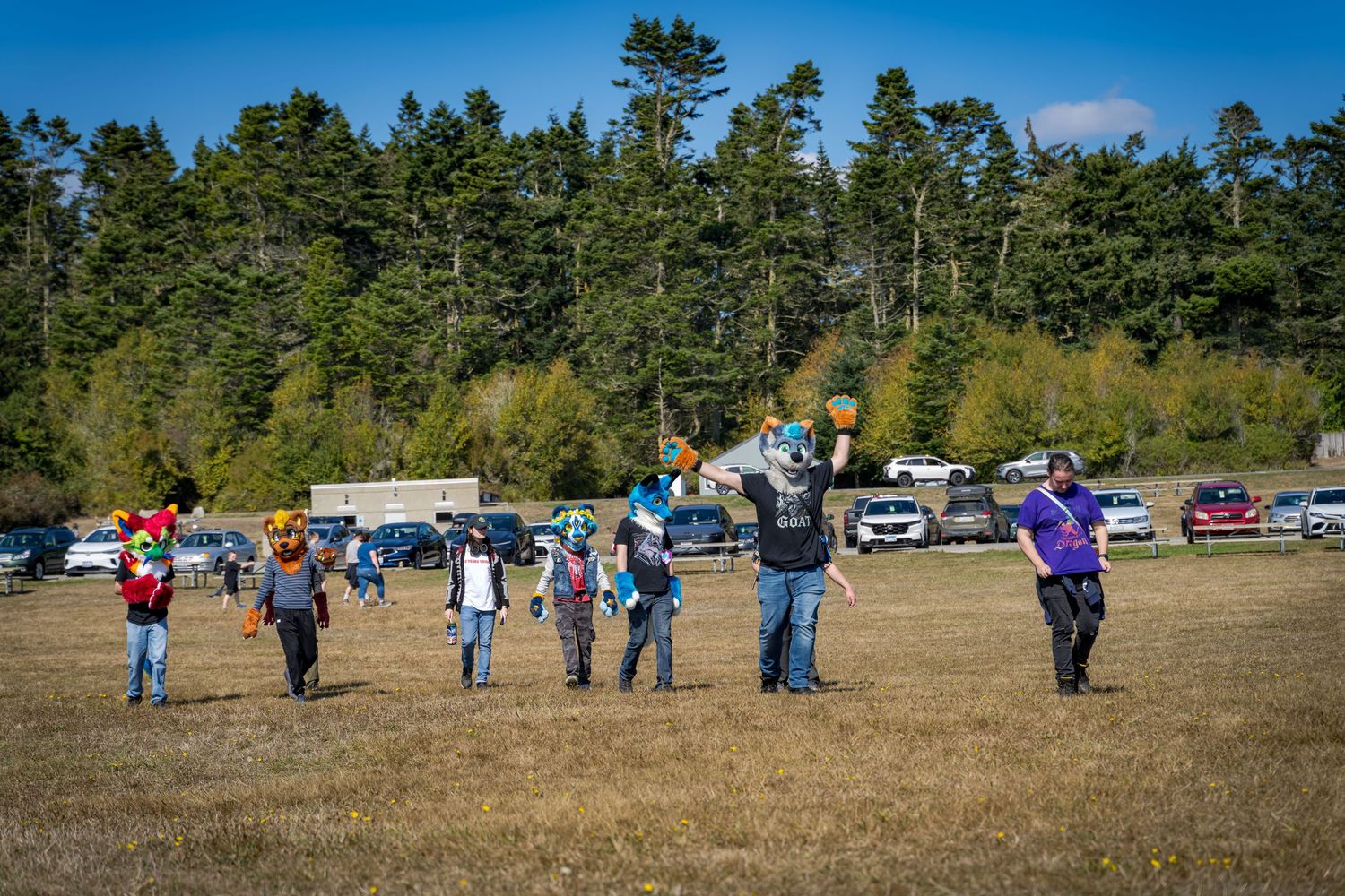Panoramic view of parked cars and attendees gathering at an outdoor furry convention.