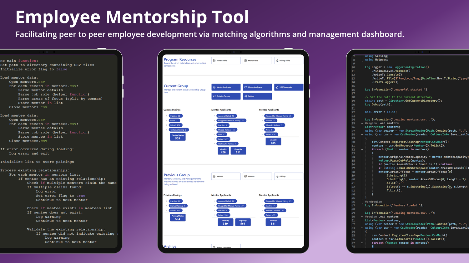 Employee mentorship software interface mockups on purple background.