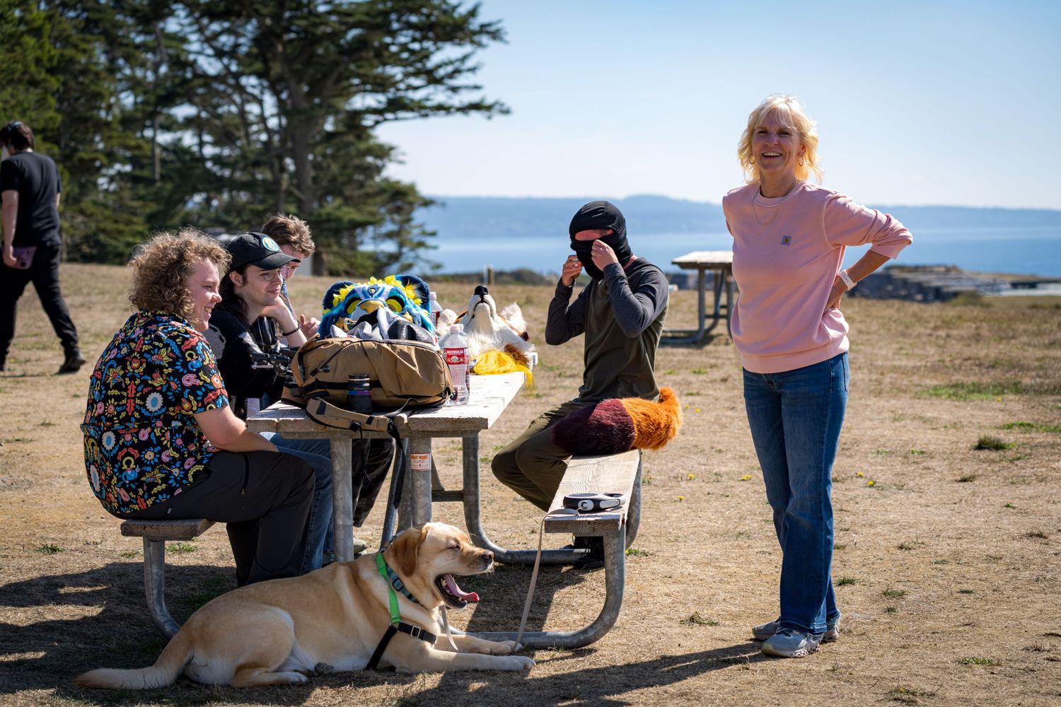 A dog rests near a picnic table as people gather outdoors on a sunny day.