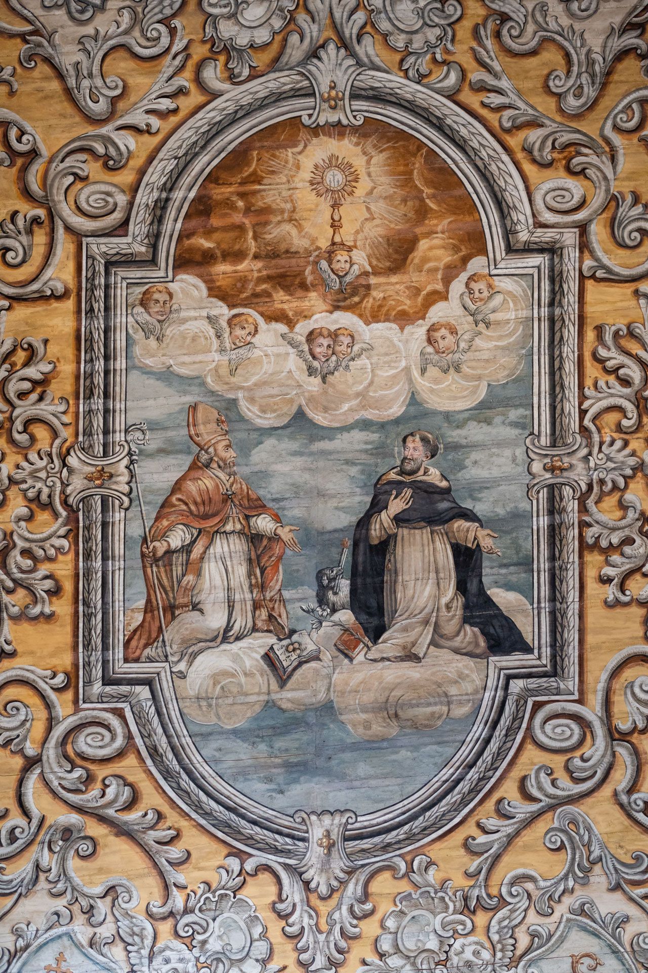 Historic church fresco in Le Marche, Italy, detail of a traditional wedding ceremony location