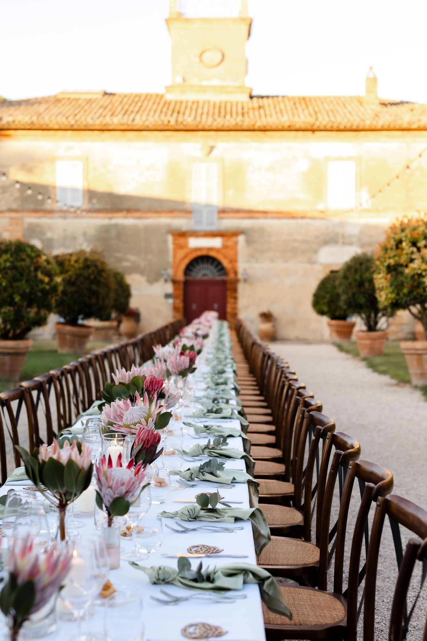 The gardens of a grand historic villa in Le Marche, Italy during an elegant destination wedding