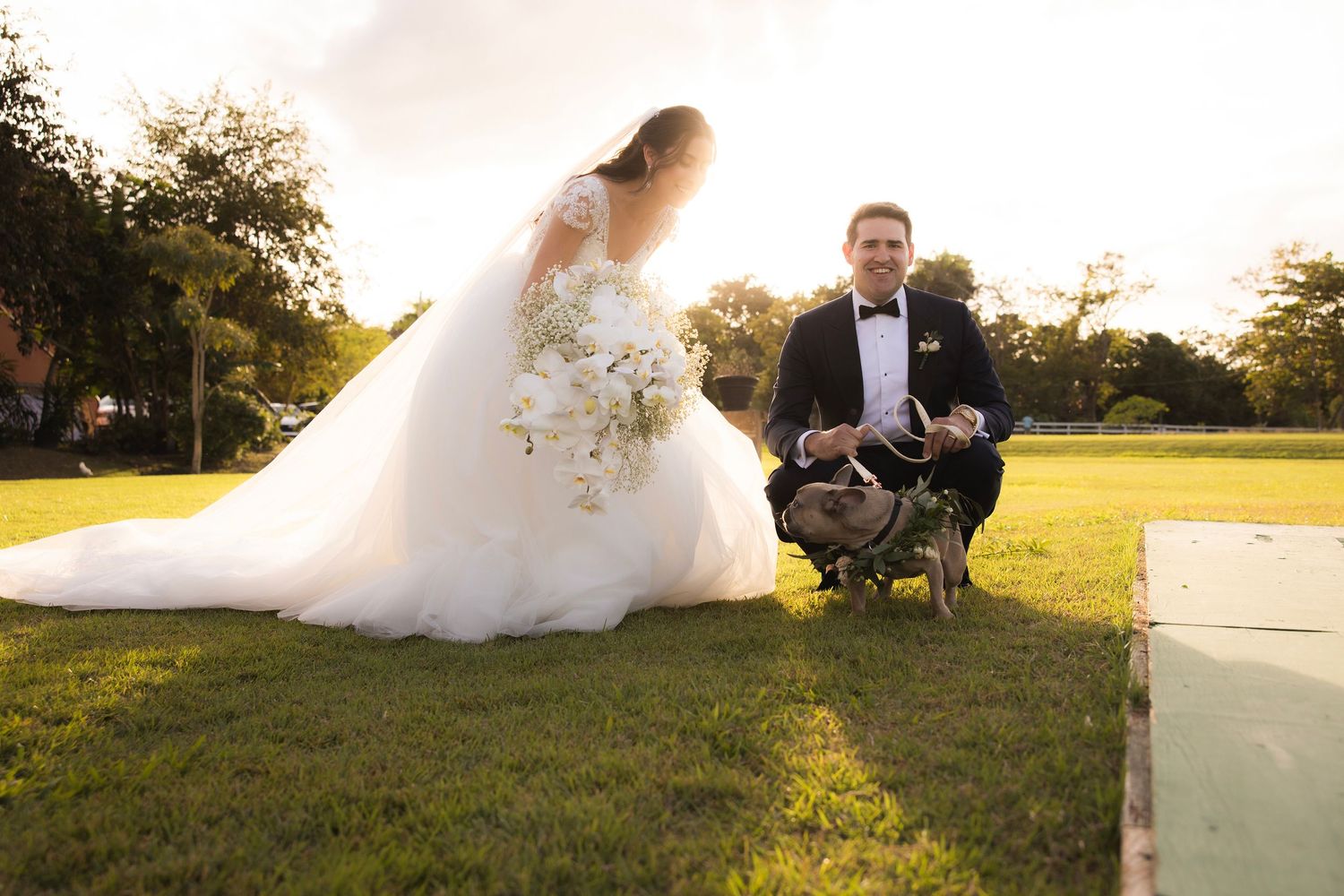 Couple poses for romantic sunset wedding photos in a grassy field.