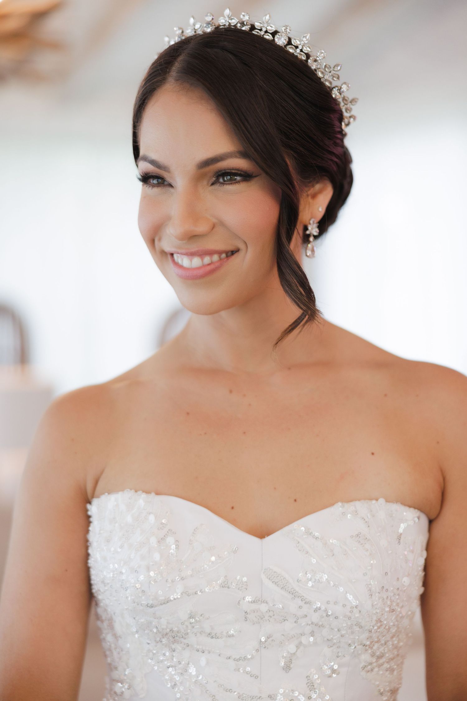 A sparkling crystal bridal tiara adorns an elegant updo hairstyle.
