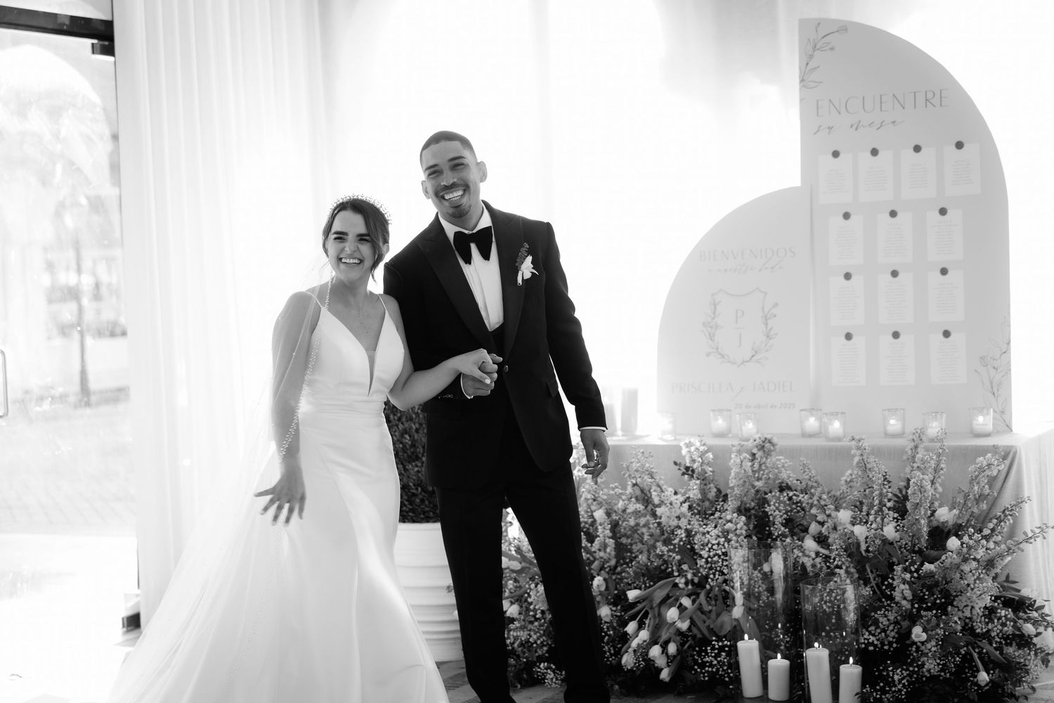 A romantic black and white wedding photo collage showing intimate moments throughout the celebration.