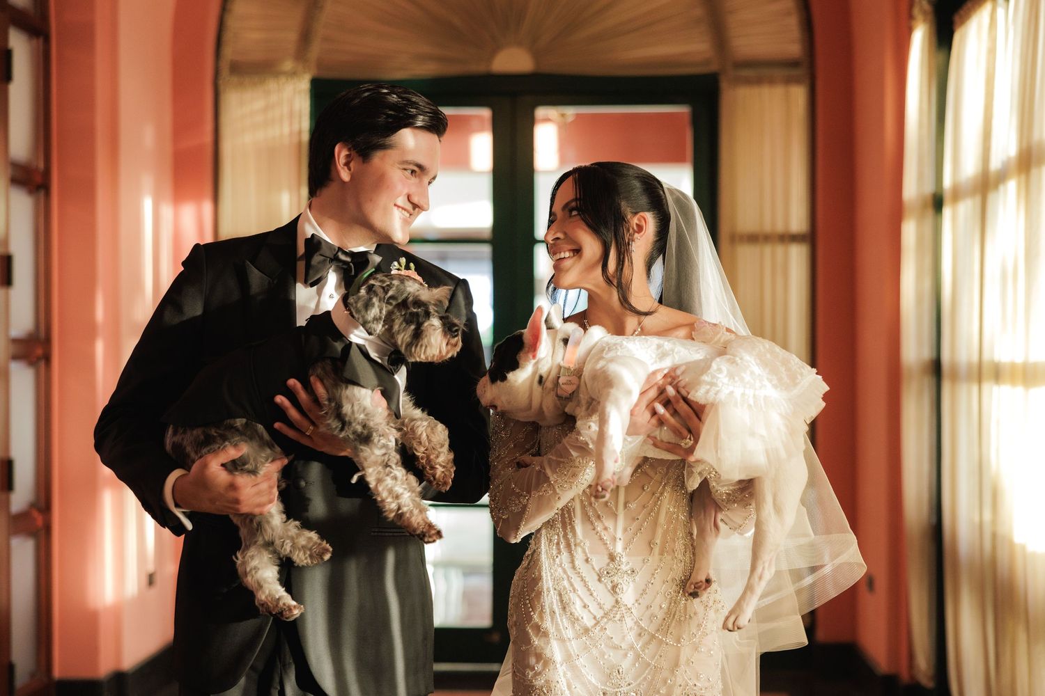 A couple in wedding attire holding cats while standing in a sunlit hallway with warm pink walls.