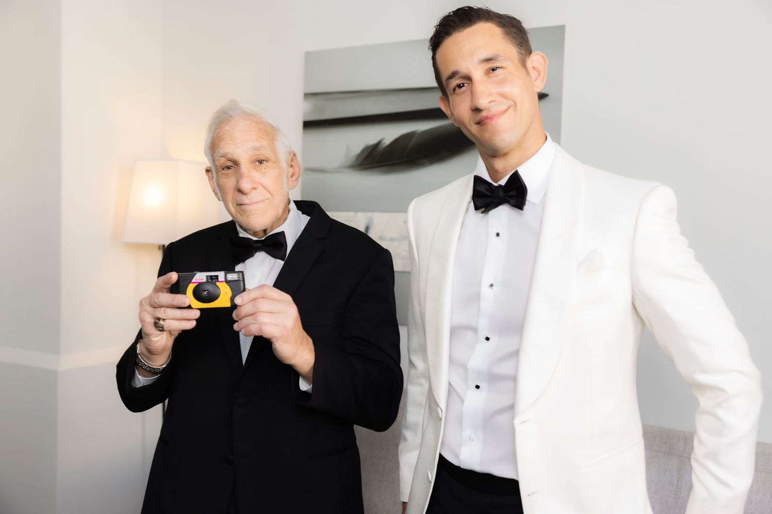 Four snapshots of people in tuxedos and formal attire adjusting ties and bow ties against a light background.