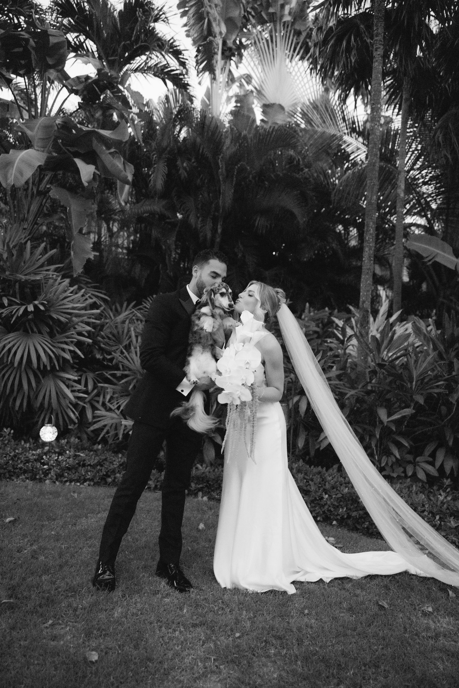 A series of four black and white wedding photos showing romantic moments in a lush tropical garden setting.
