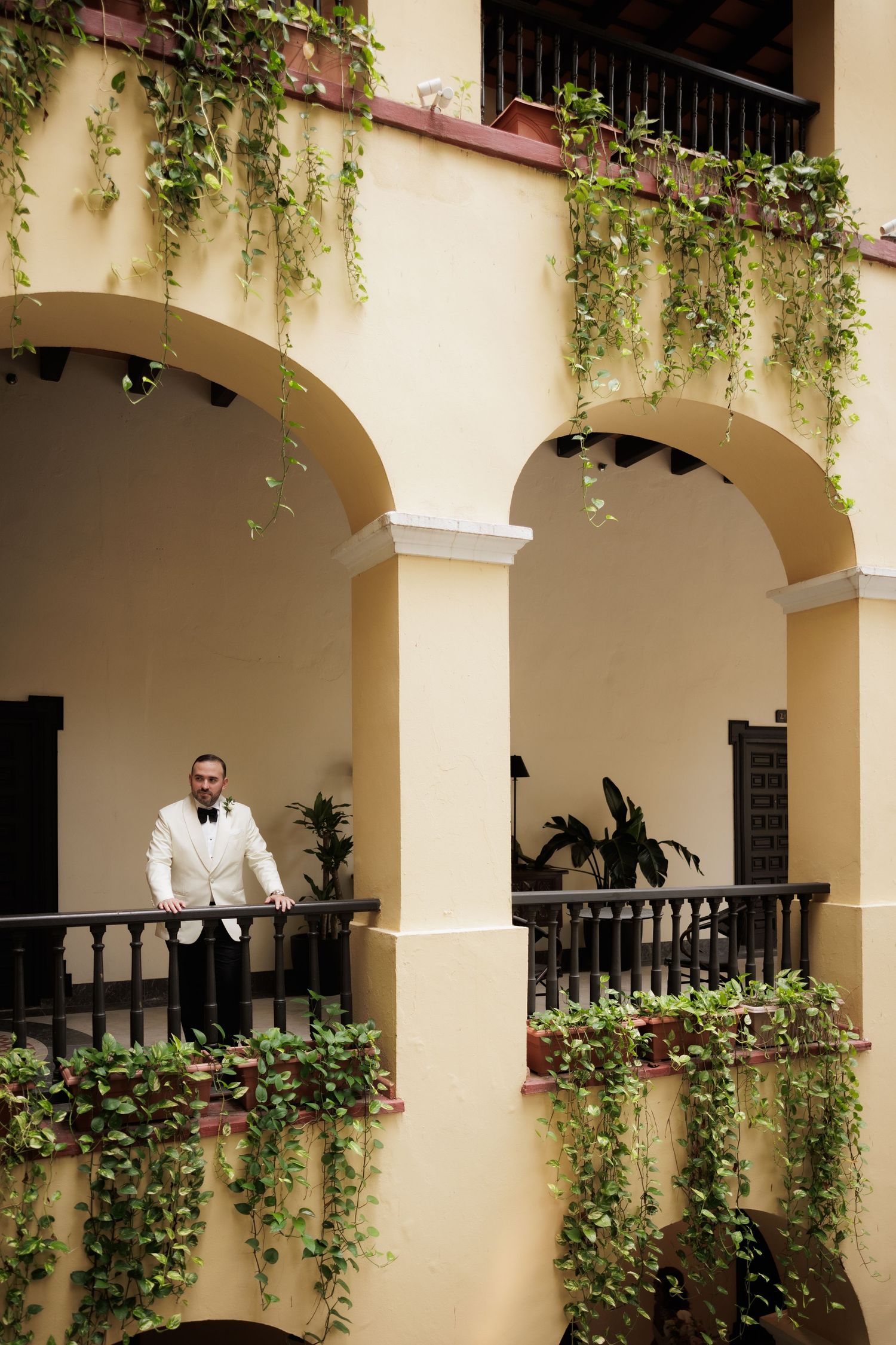 An architectural view of cream-colored arches with hanging vines and a person visible in formal wear.