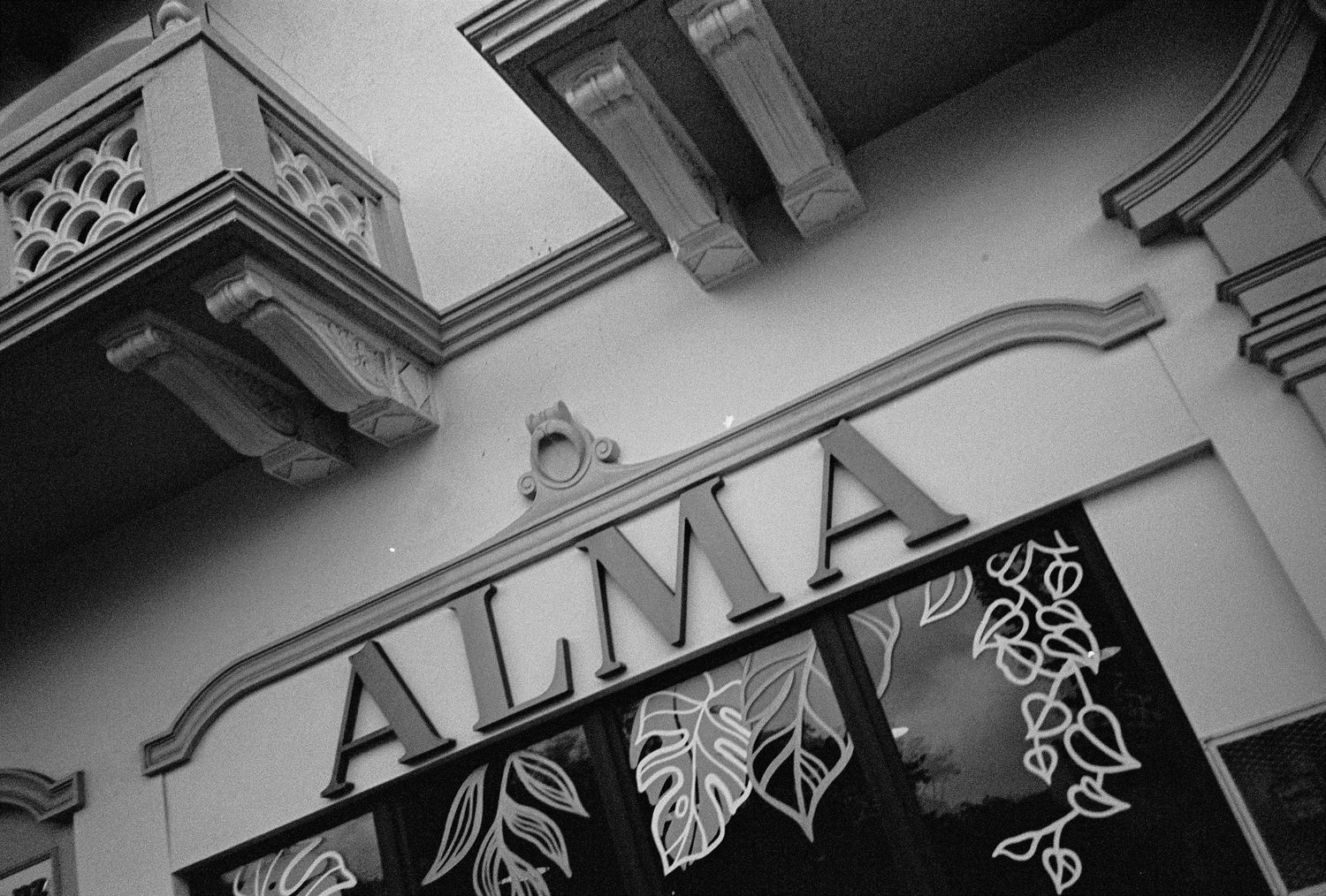 Black and white photo of the Alma restaurant sign above a window with decorative leaf designs.