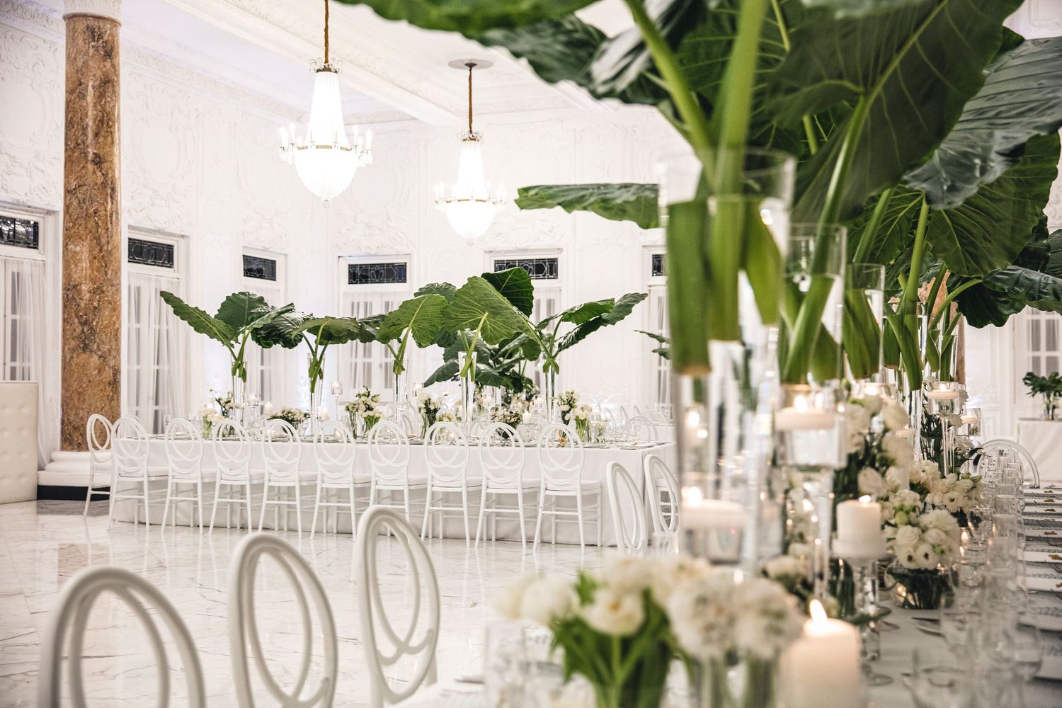Elegant white wedding reception venue decorated with tropical greenery and hanging lights over long banquet tables.