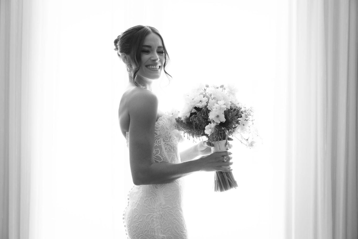 Elegant bridal silhouettes shown in a series of backlit white window portraits with wedding bouquet.