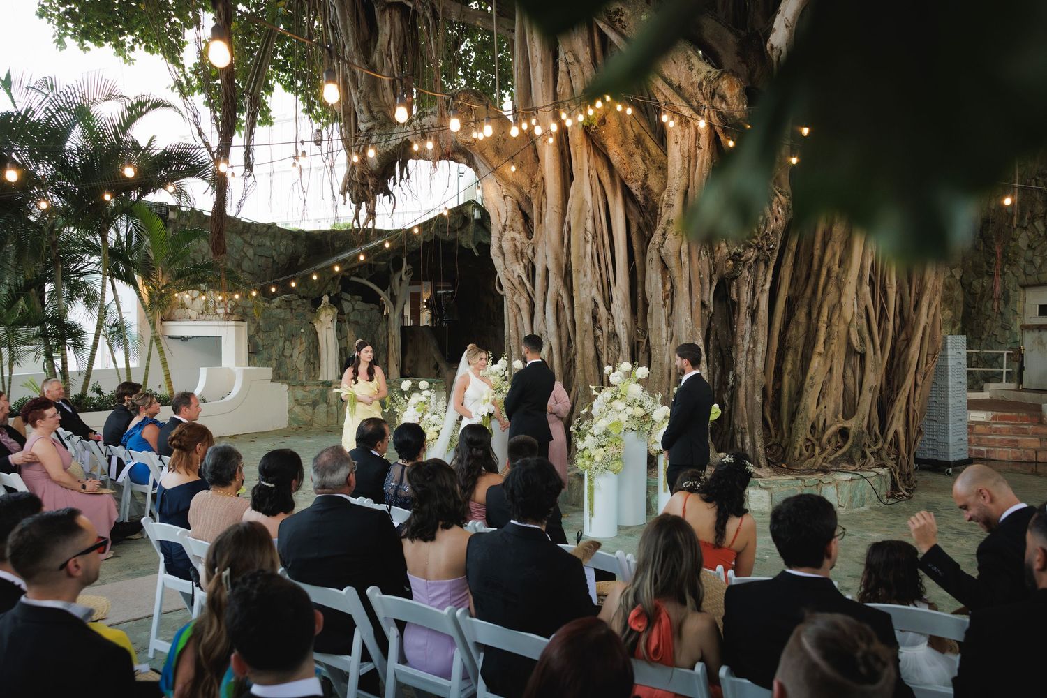 An outdoor wedding ceremony takes place under a large banyan tree with guests seated in rows at dusk.