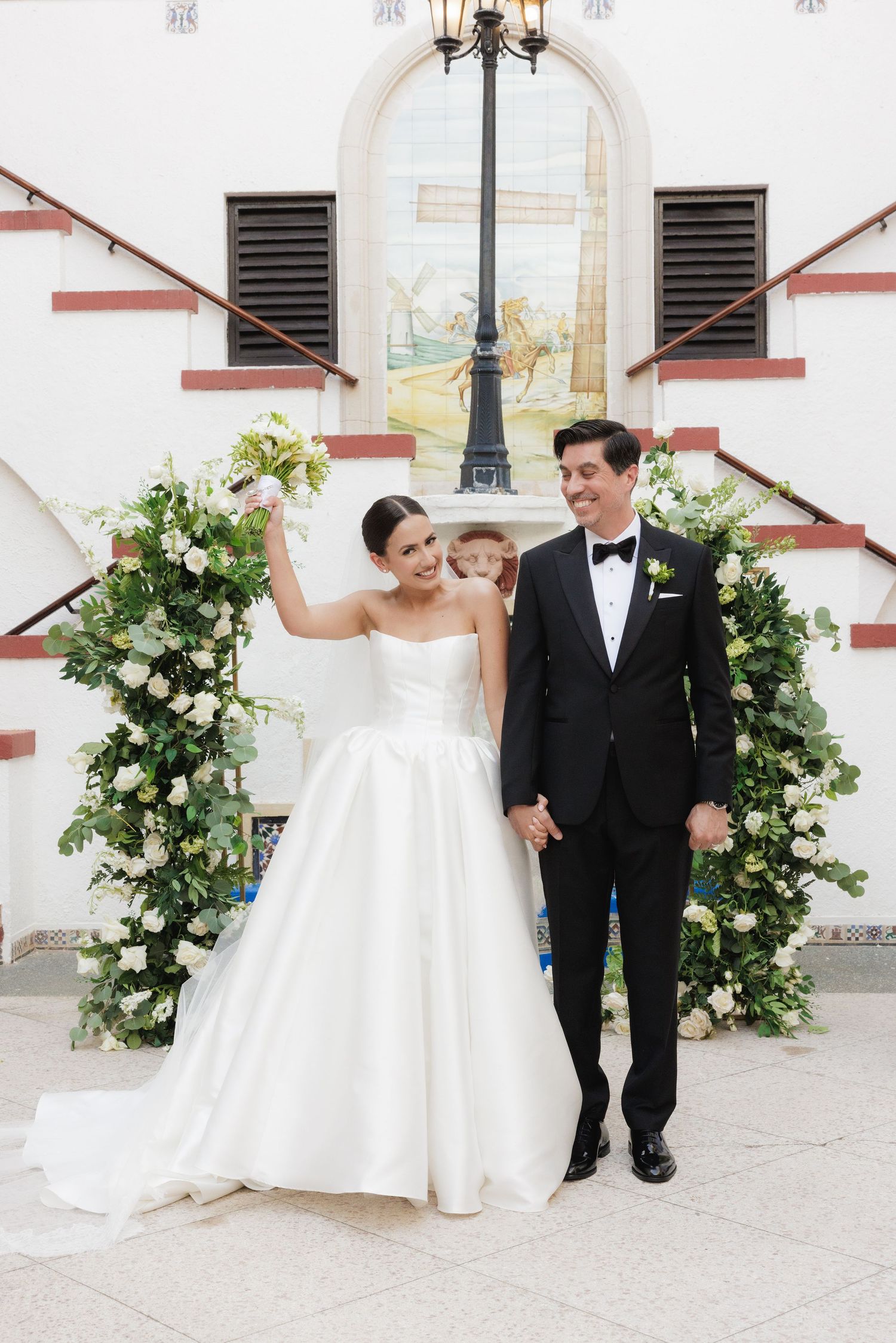 Wedding photo sequence showing playful moments between couple near white building with climbing roses.