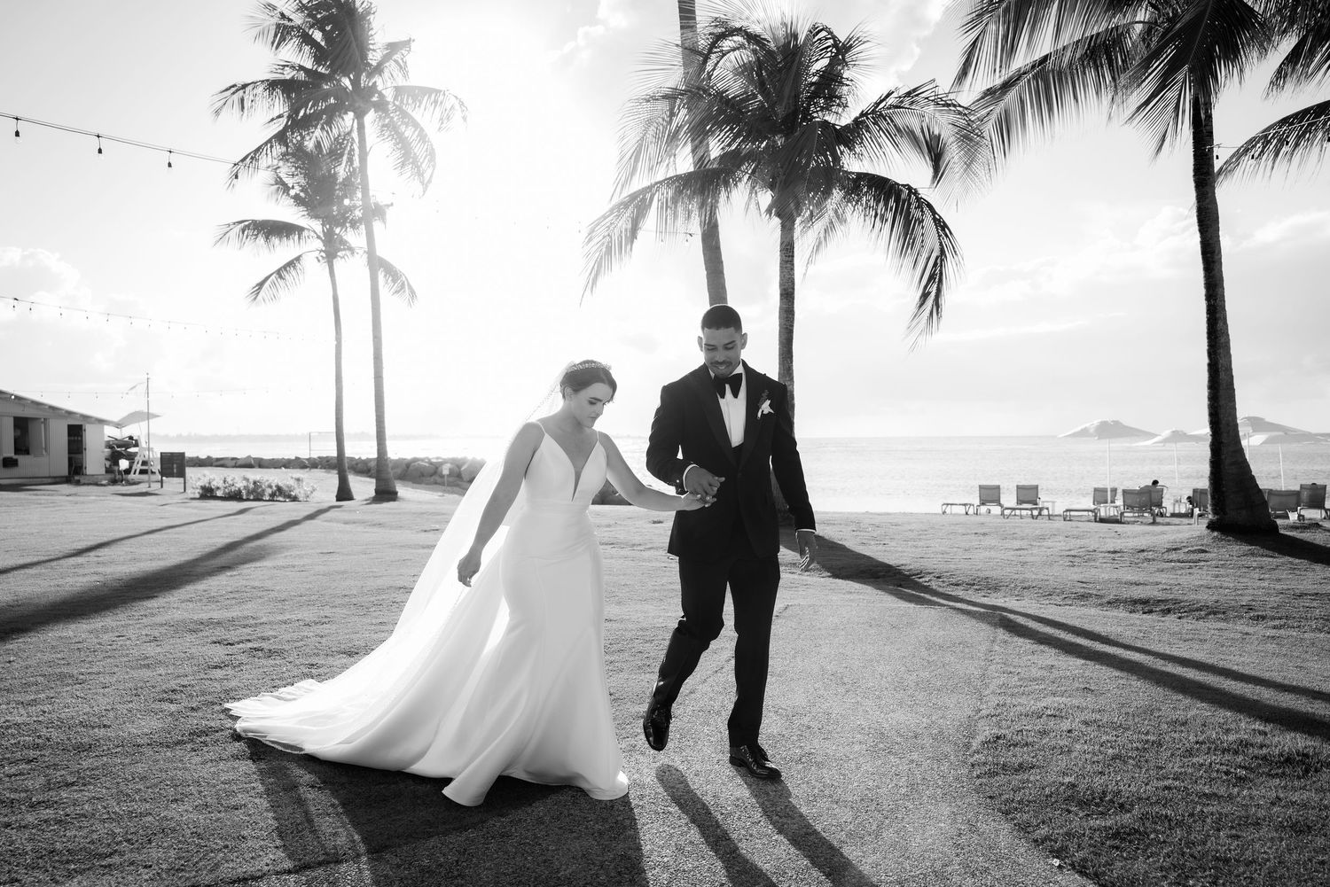 A black and white wedding photo captured with palm trees and string lights along a beachside pathway at sunset.