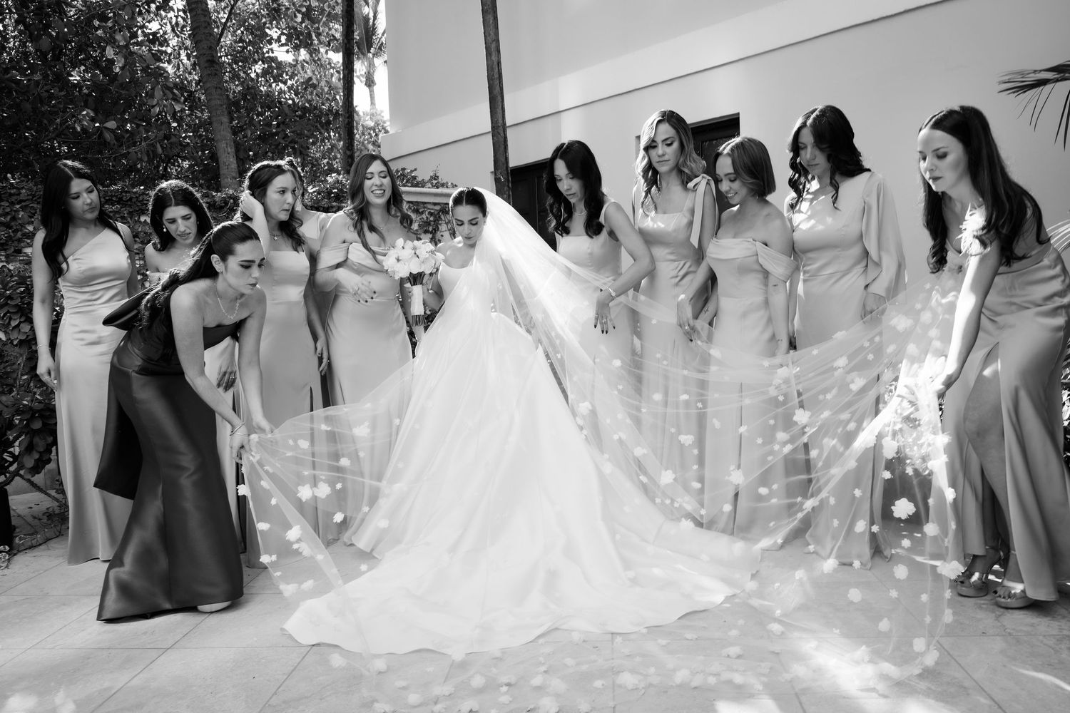 Wedding party in blush pink dresses and white gown gathered for formal photo session.