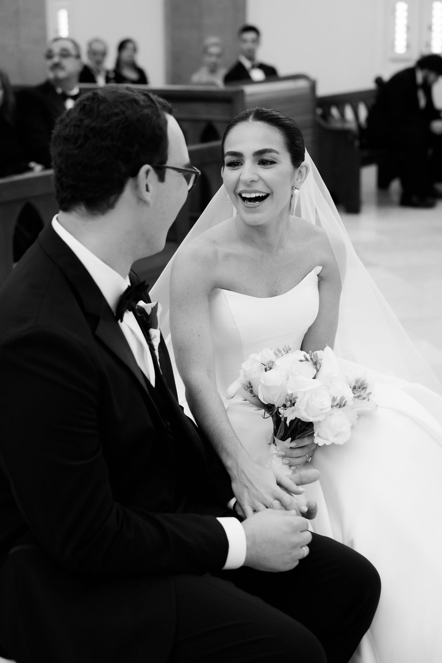 A romantic black and white wedding photo sequence showing tender moments between a bride and groom.