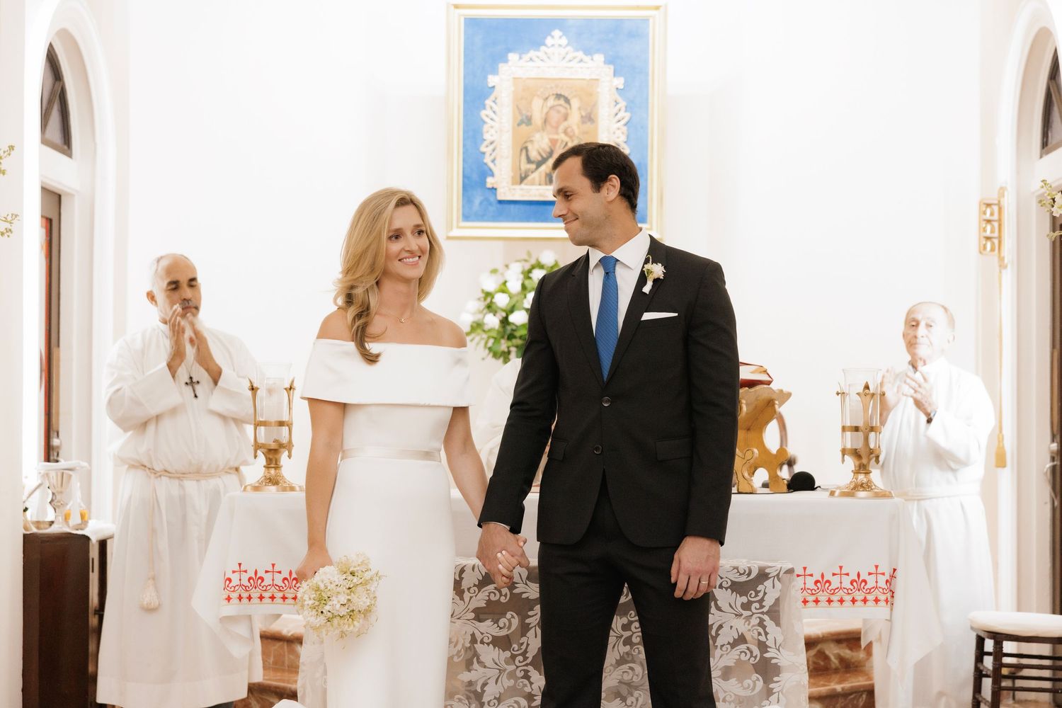 A collage of wedding ceremony moments showing people gathered in a traditional church with decorative details and flowers.