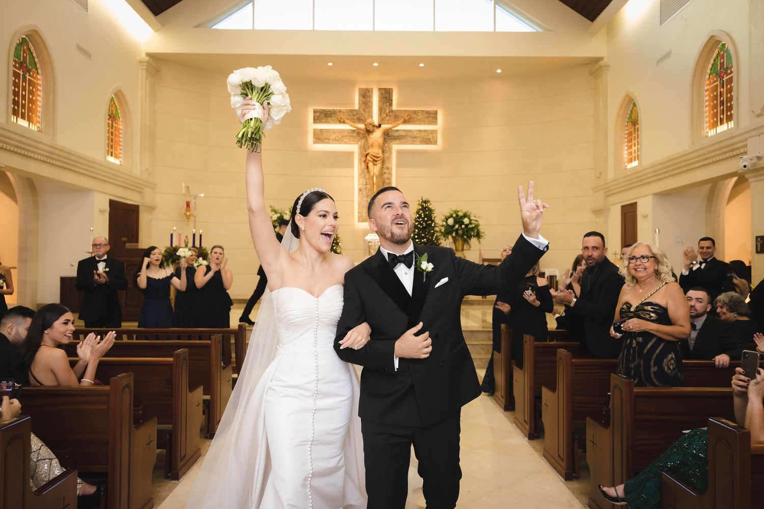 Sequence of images showing a traditional church wedding ceremony with bridesmaids and groomsmen in formal attire.