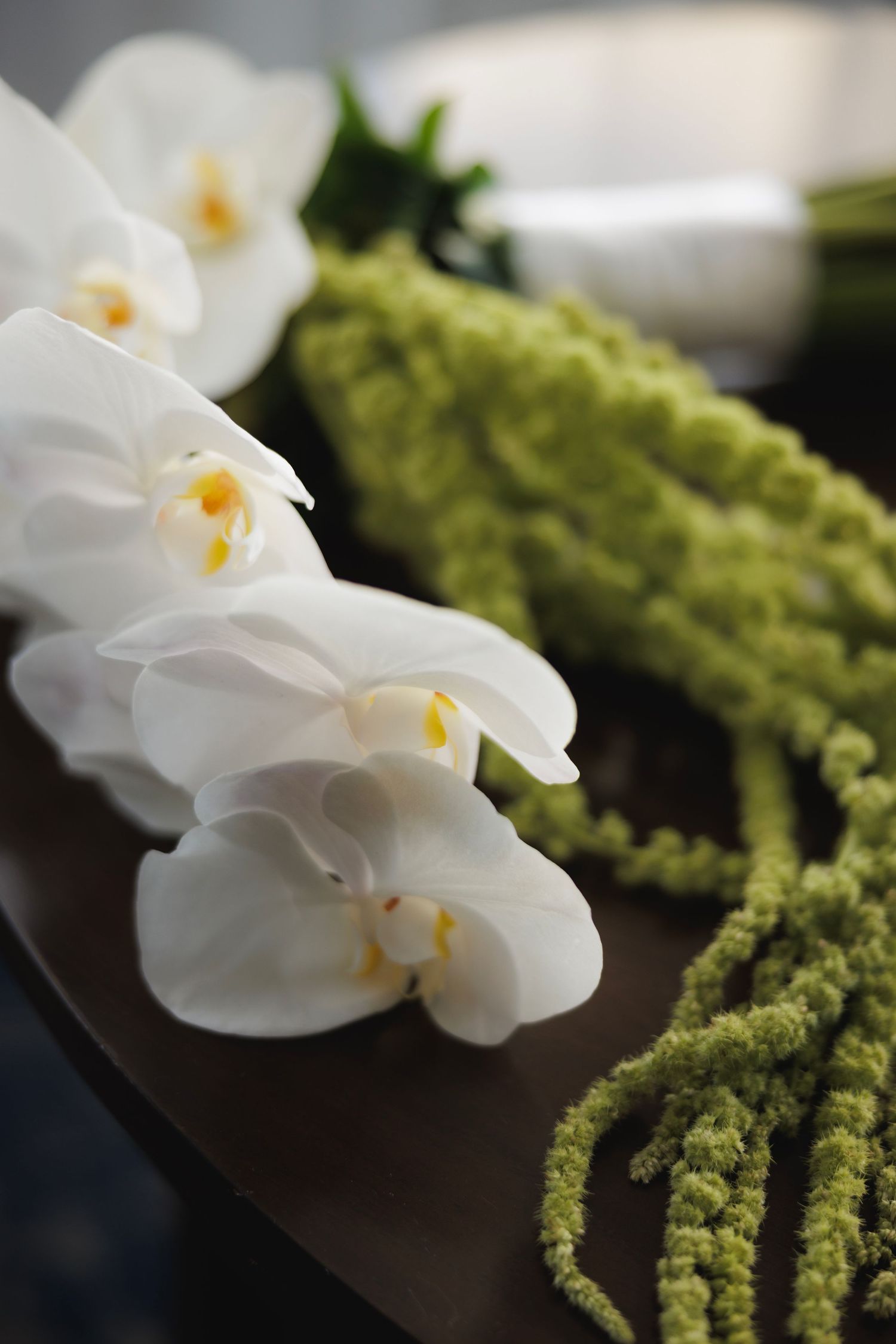 White phalaenopsis orchids and green amaranthus create an elegant floral arrangement against a dark background.