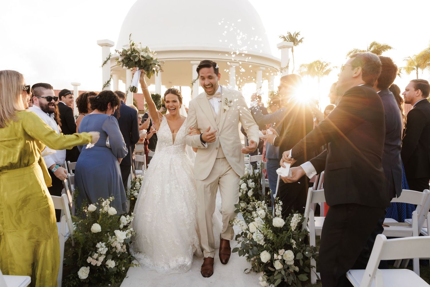 Collage showing wedding guests and newly married couple celebrating outdoors during golden hour.