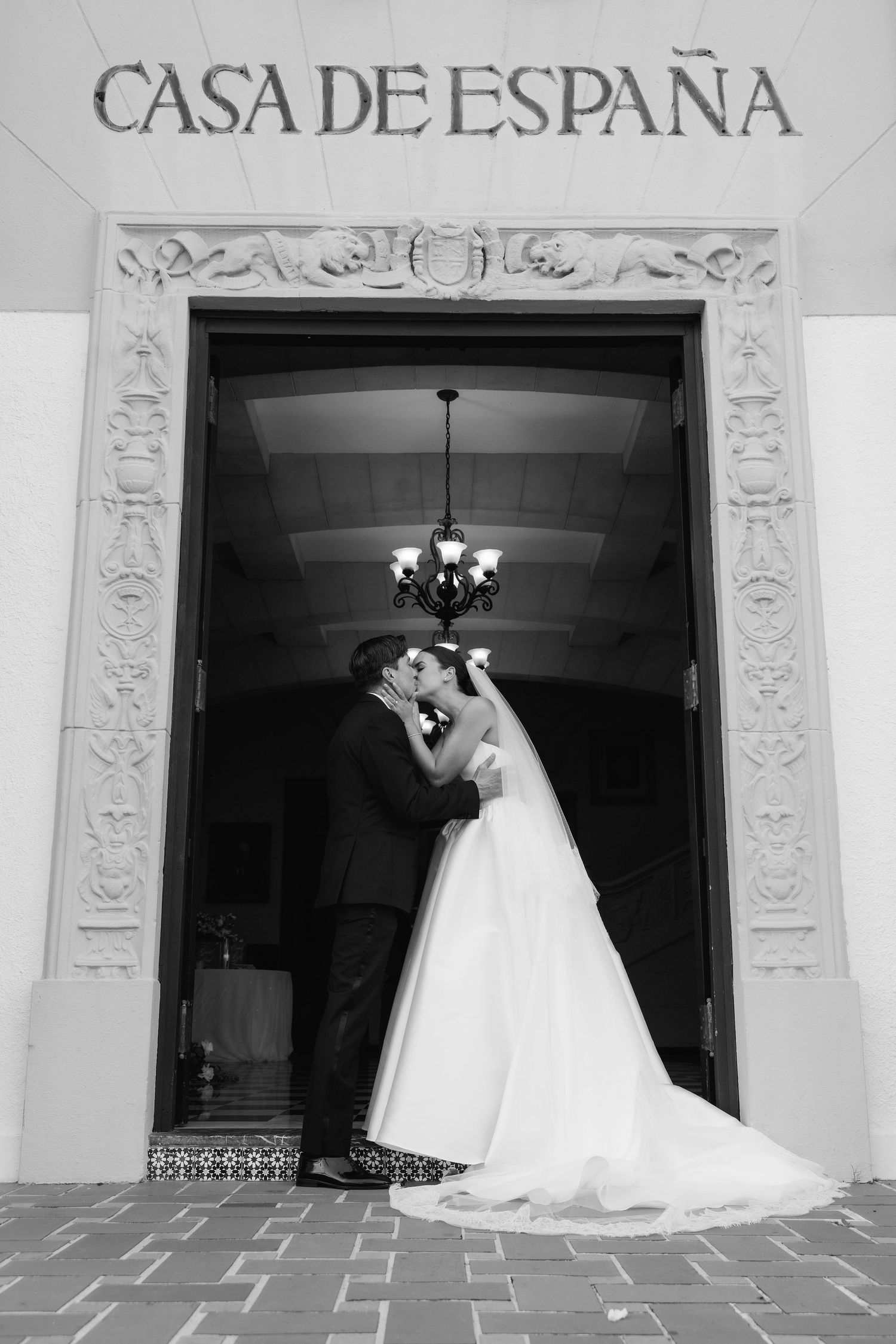 Black and white photos of Casa de Espana entrance with ornate architectural details.