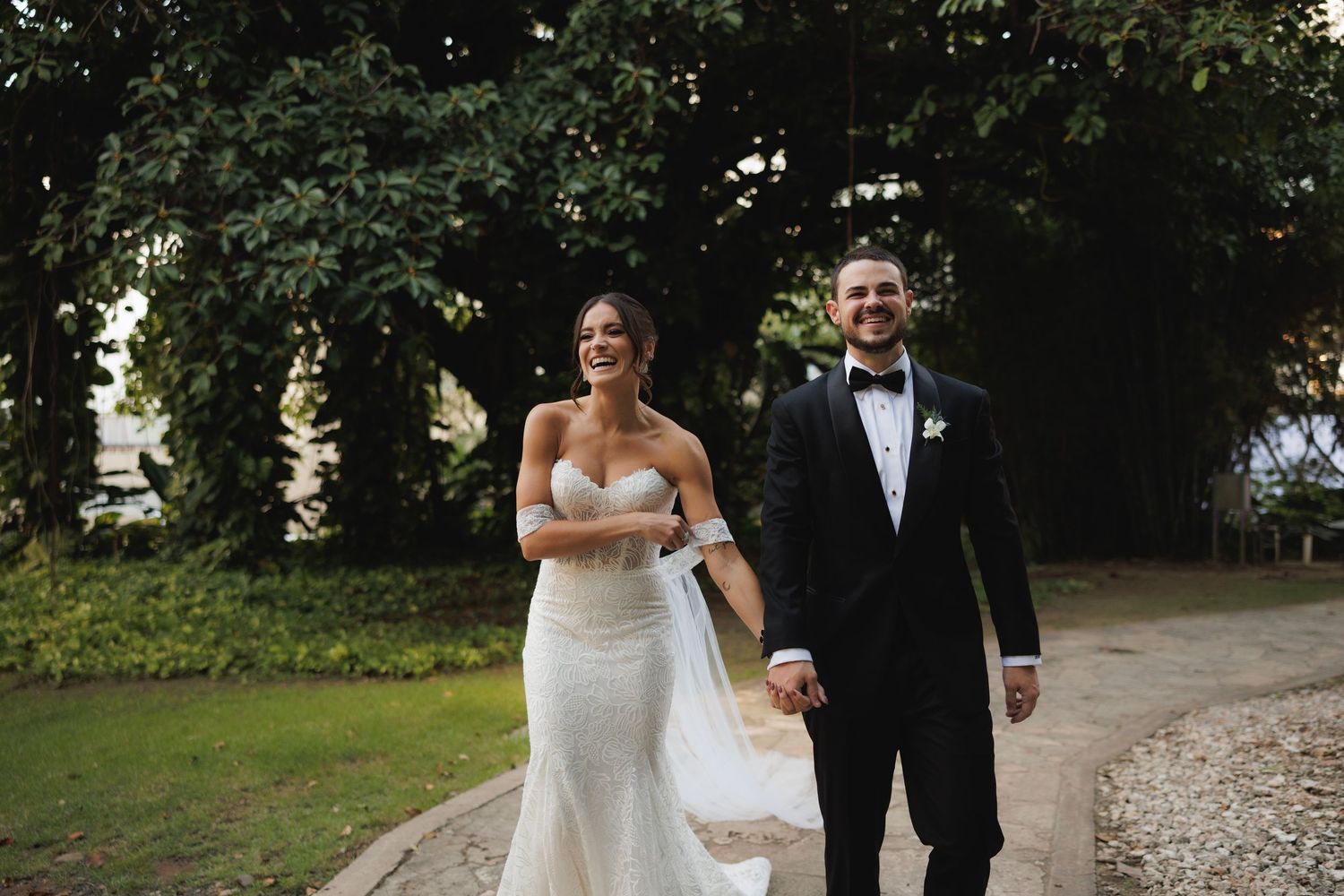 Romantic outdoor wedding photography sequence with greenery and natural lighting.
