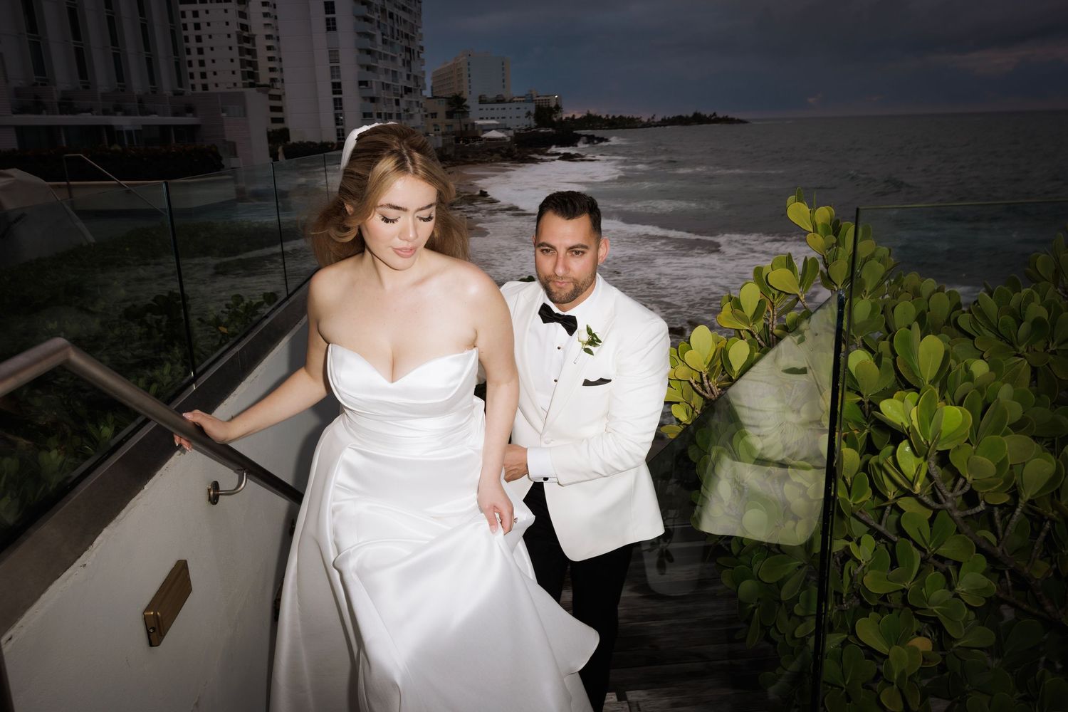 A series of wedding photos showing couples in formal attire celebrating at an outdoor venue by the water.