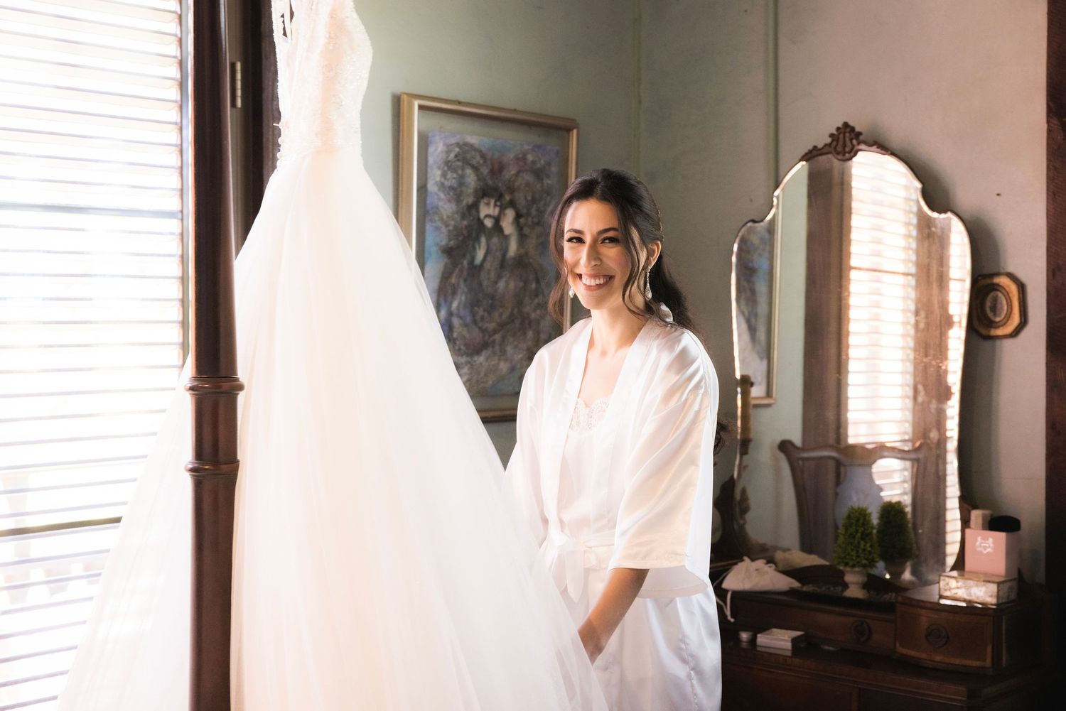 A collage of photos showing someone in a white bathrobe getting ready in a bright, modern interior space.