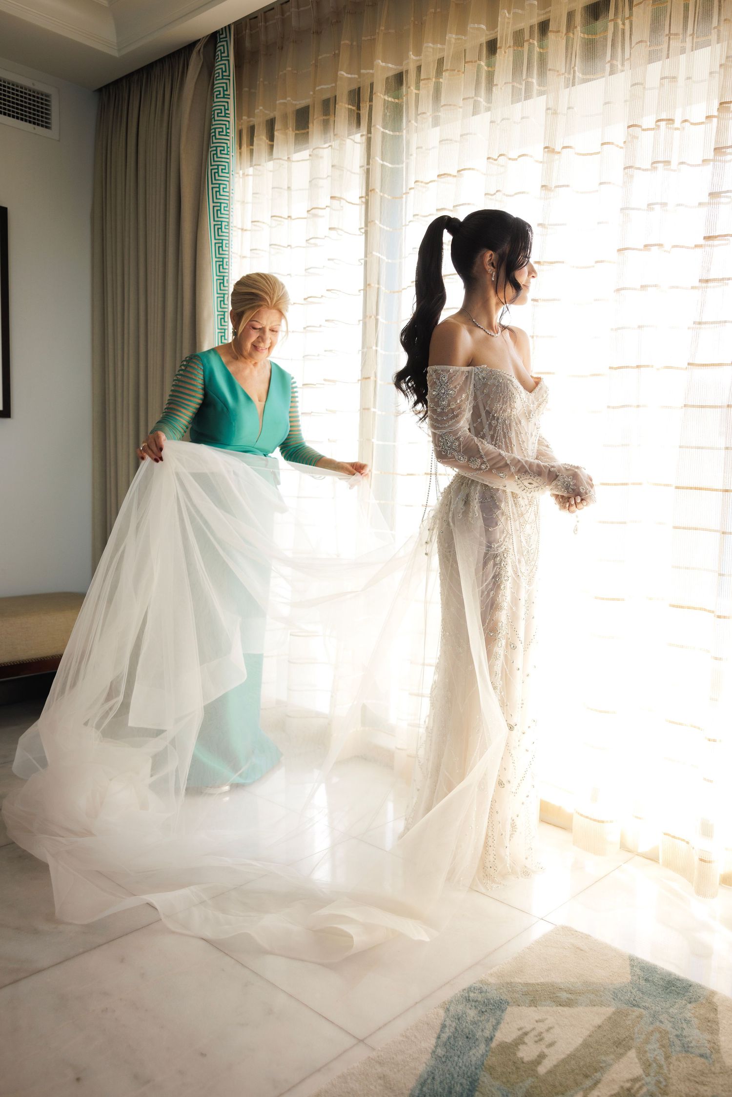 Sequence of bridal preparation shots with flowing white wedding dress near sunlit window.