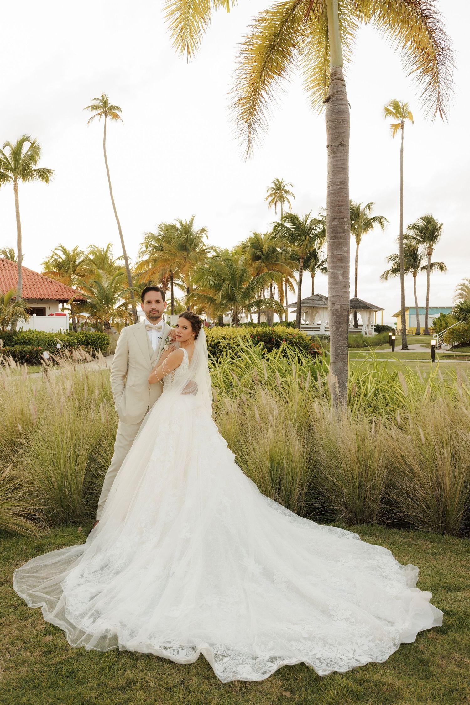 A romantic wedding scene at sunset with palm trees and tall grass surrounding a couple in formal attire.