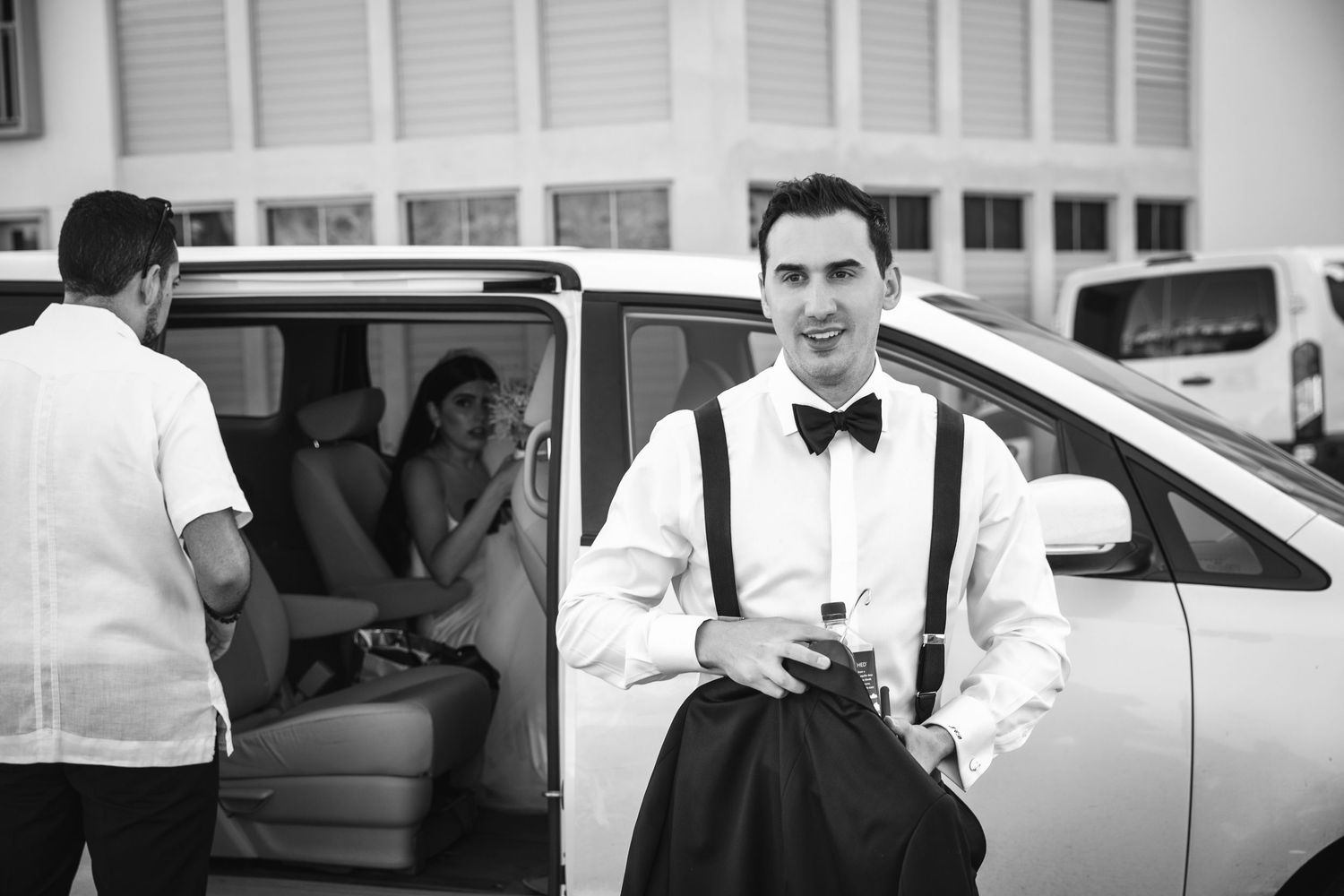 Collage of black and white wedding photography moments showing couples, cars, and formal attire at various moments.