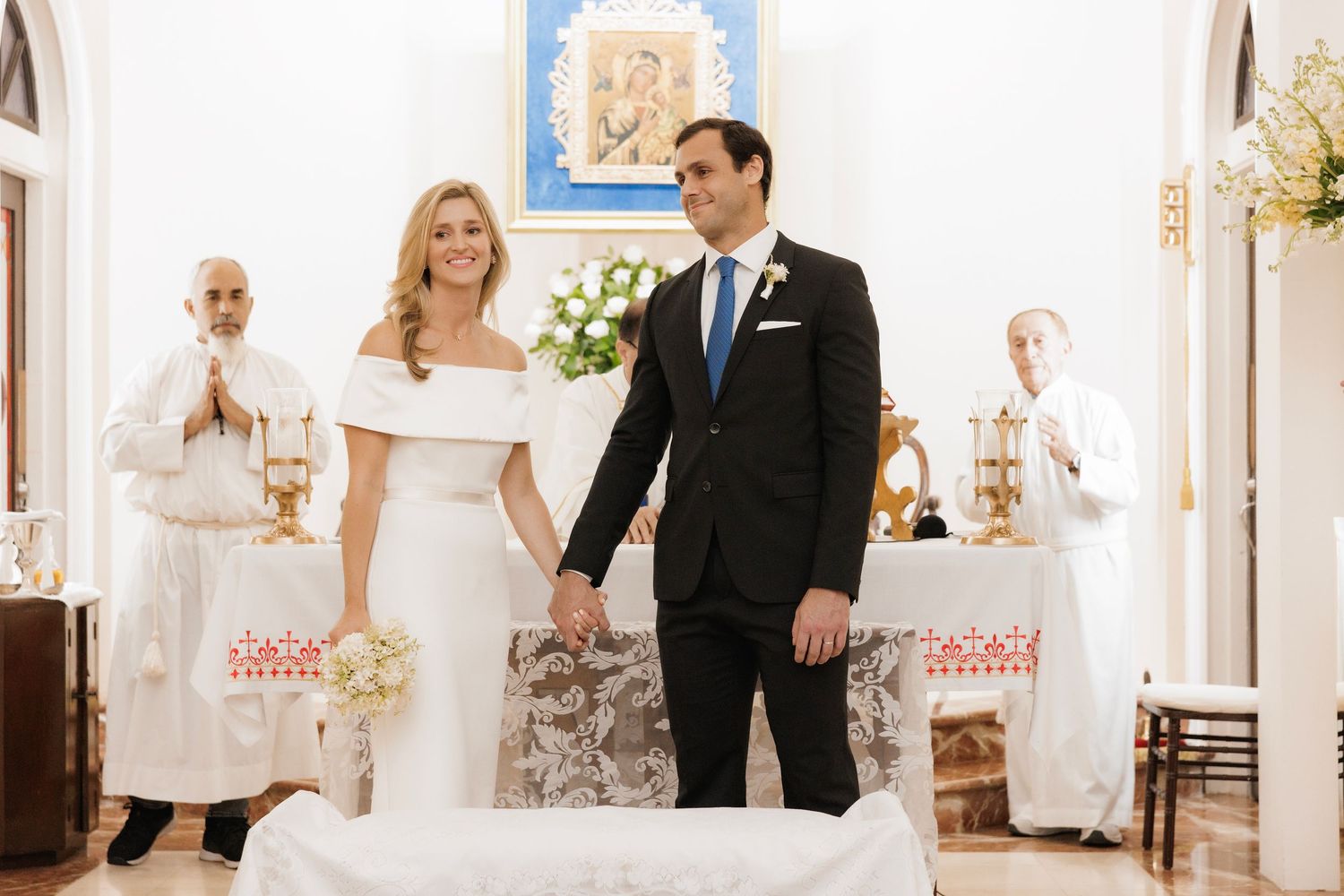 Three bridal photographs showing wedding party moments in an elegant white venue with columns and traditional decor.