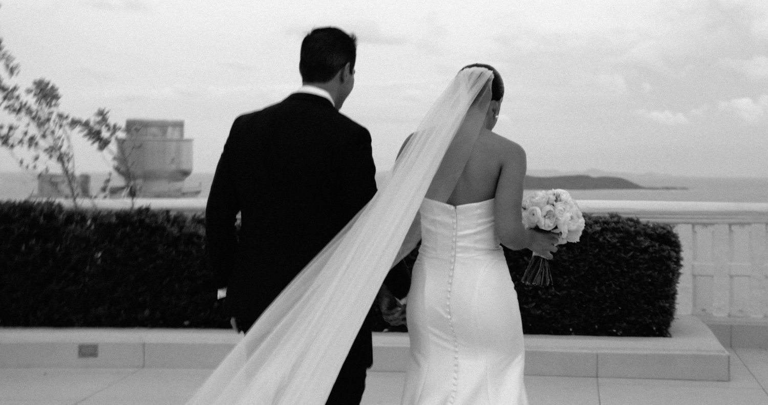 A series of six black and white wedding photos showing couples on their special day with flowing veils and formal attire.