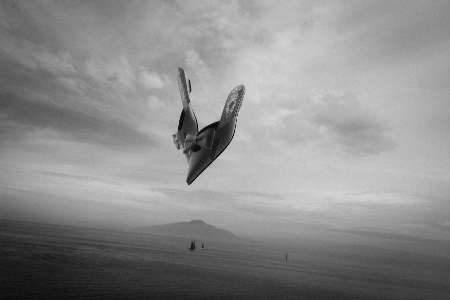 Black and white photo of a bird soaring upside down over a calm sea with distant mountains under cloudy skies.