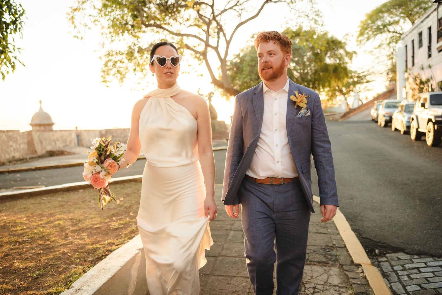 A wedding couple poses outdoors in golden sunlight showing different candid moments in a photo collage.