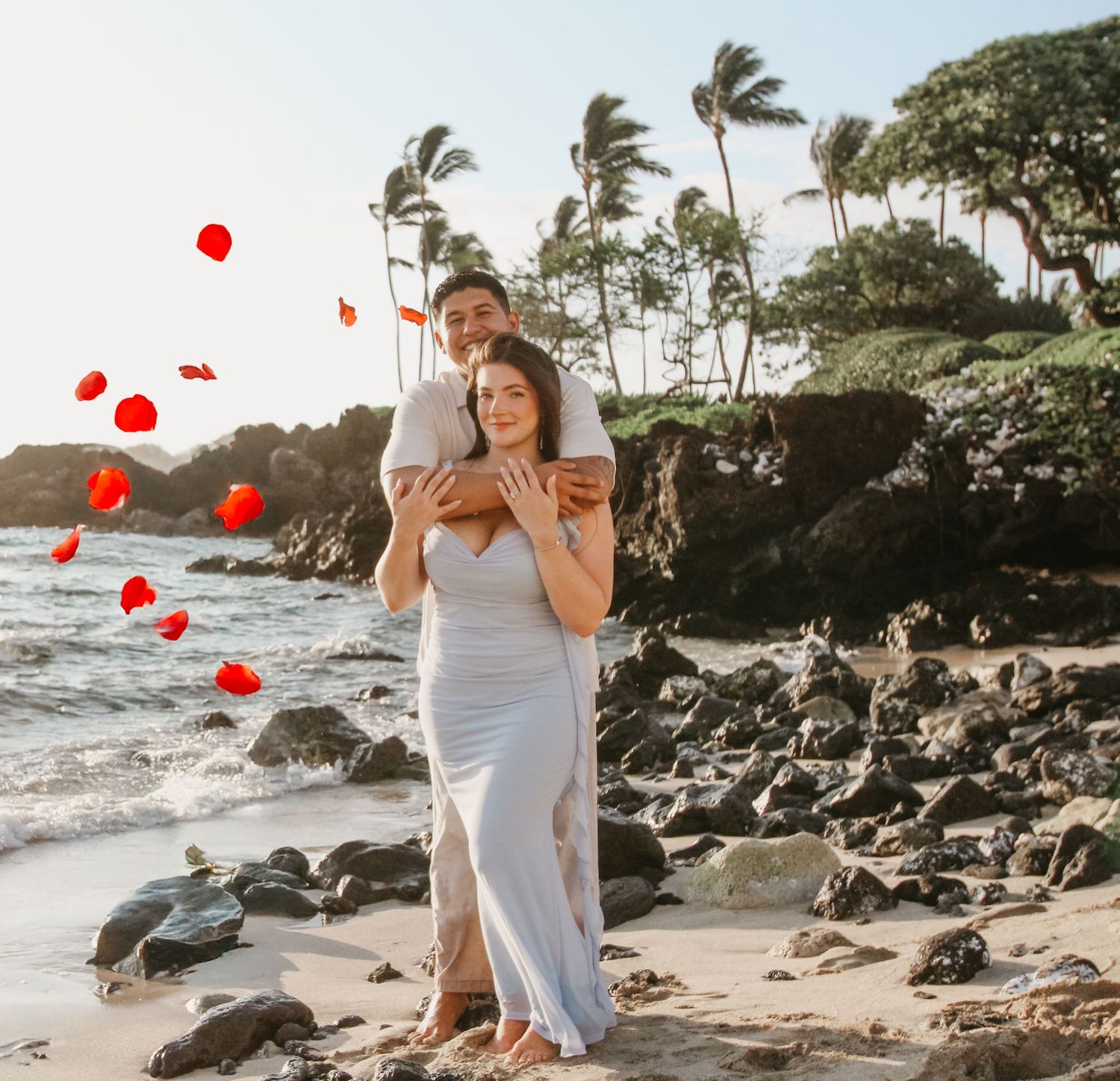 Romantic beach proposal with styled setup Kona Hawaii