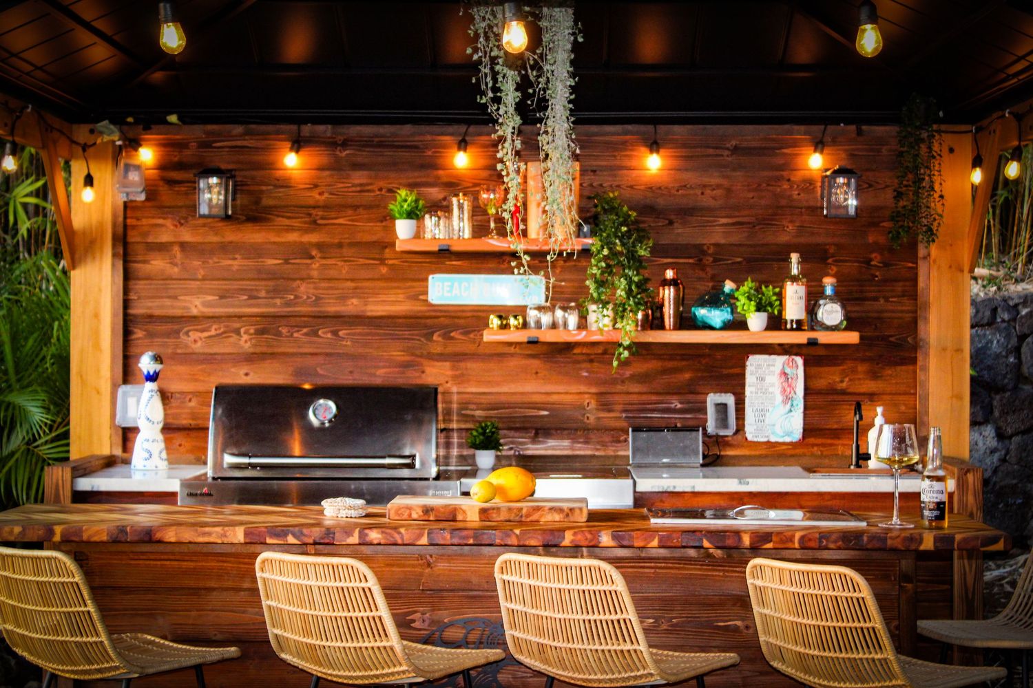 wood outdoor kitchen and living in kona airBNB