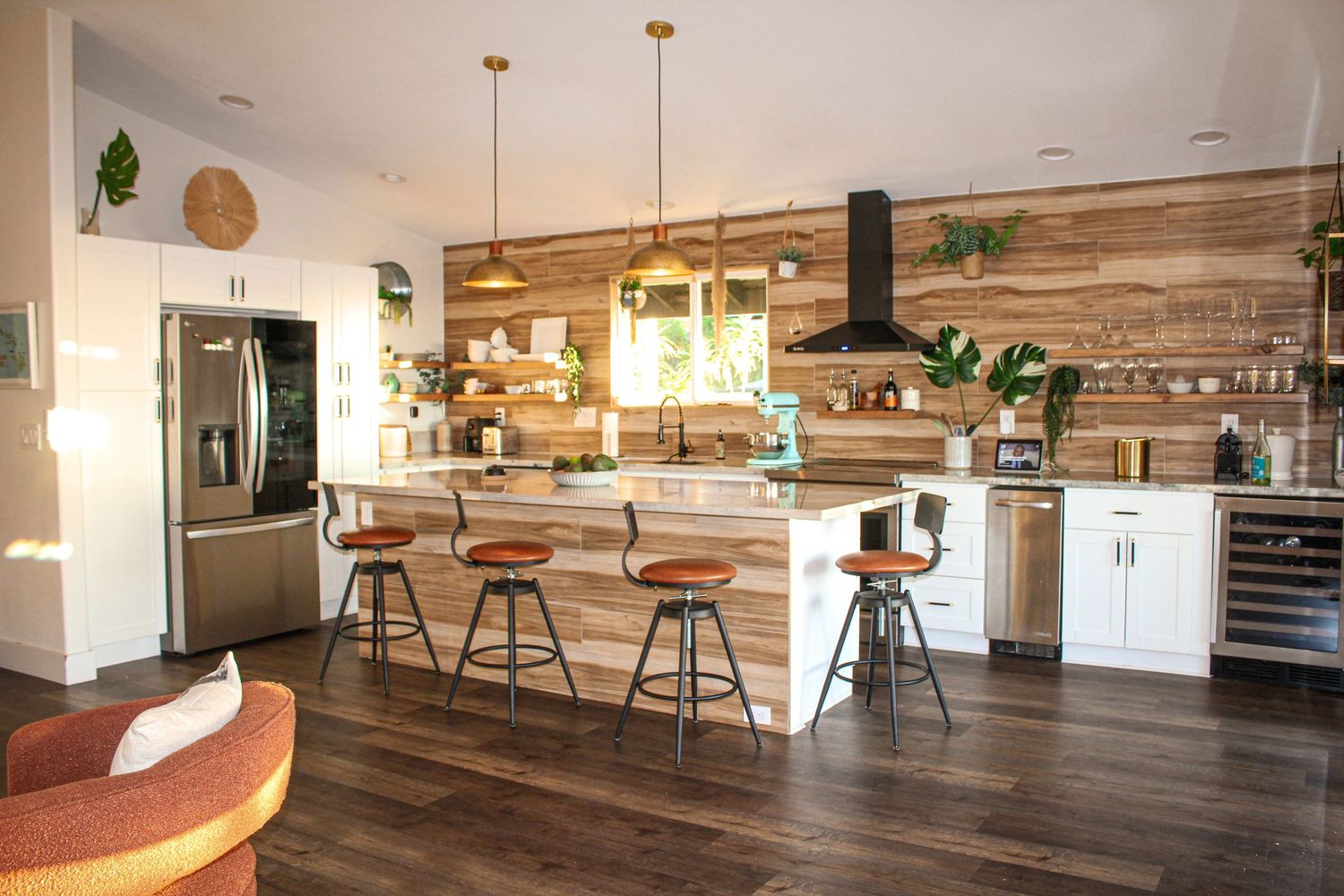 Beautiful wood and natural Bright open concept kitchen in Airbnb home on Big Island Hawaii