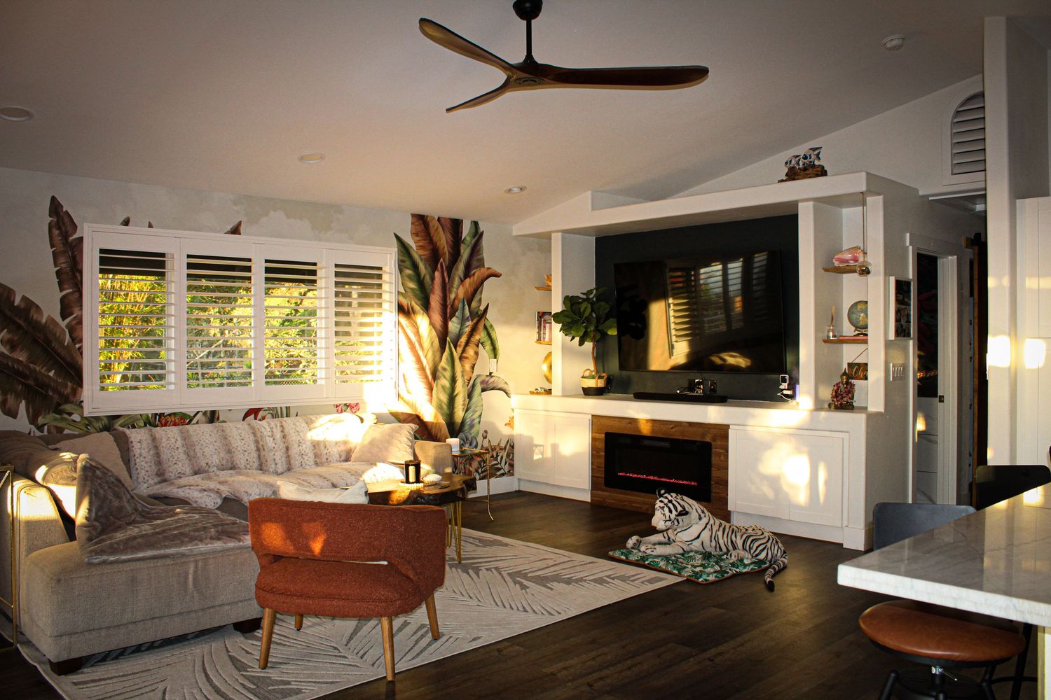 Bright open concept living room in Airbnb home on Big Island Hawaii