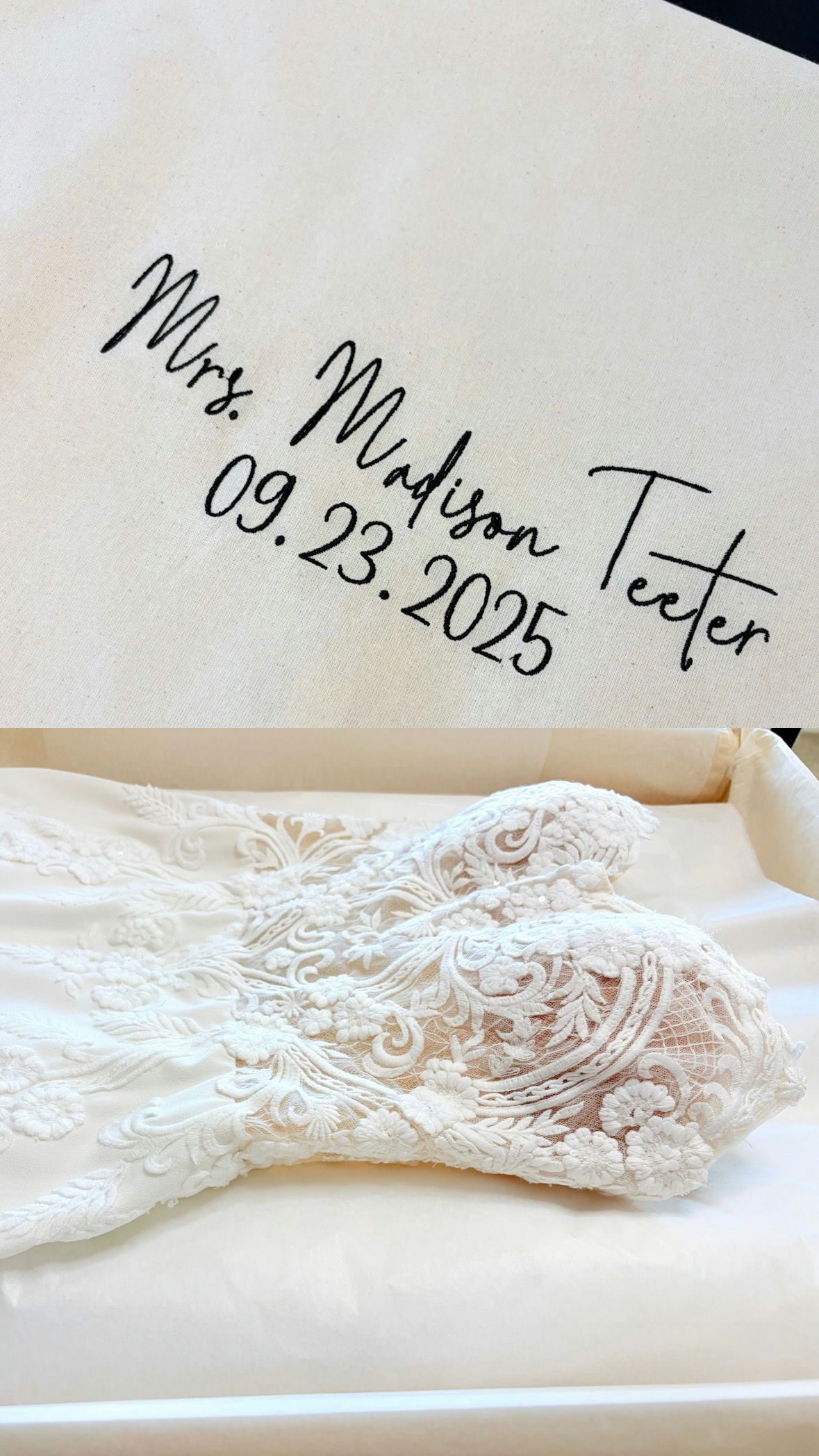 Wedding dress in box with personalized lid reading Mrs. Madison Teeter 09.23.2025 for bride-to-be.