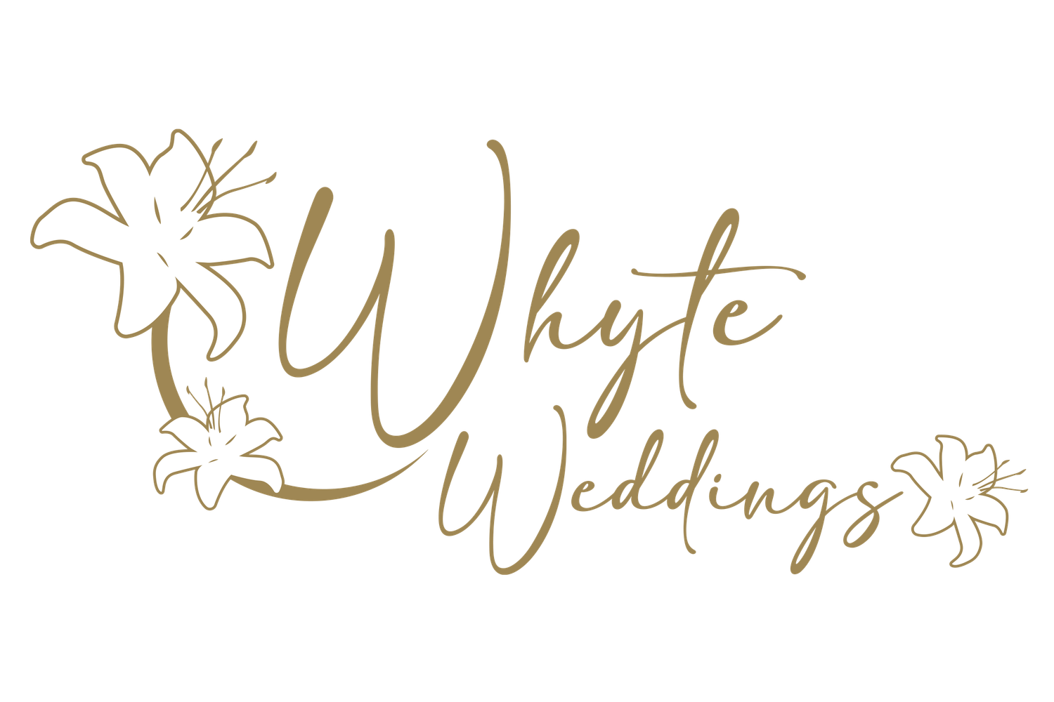 Whyte Weddings elegant gold script logo with decorative lily flowers on white background.