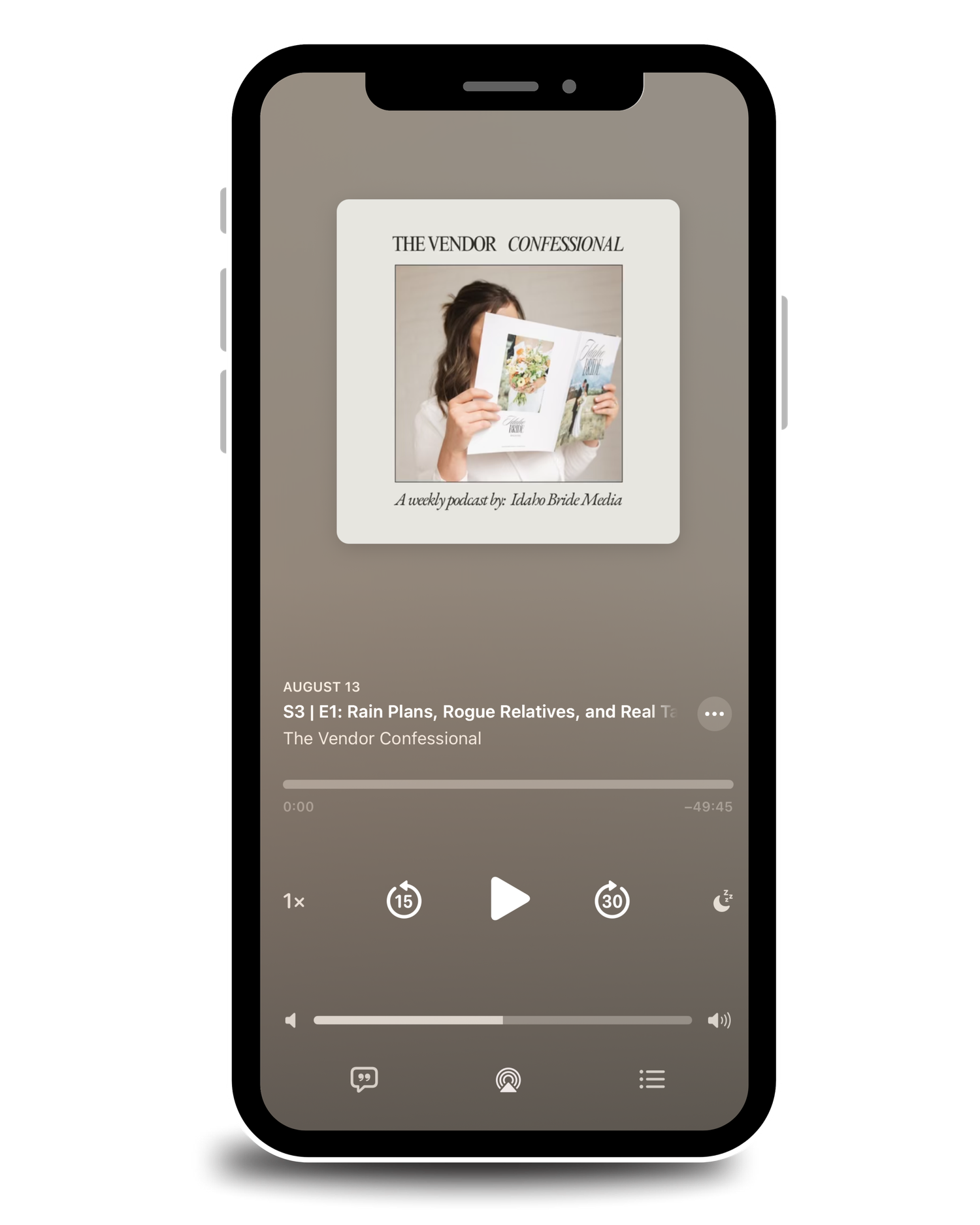 Smartphone displaying The Vendor Confessional podcast episode on a music player screen.