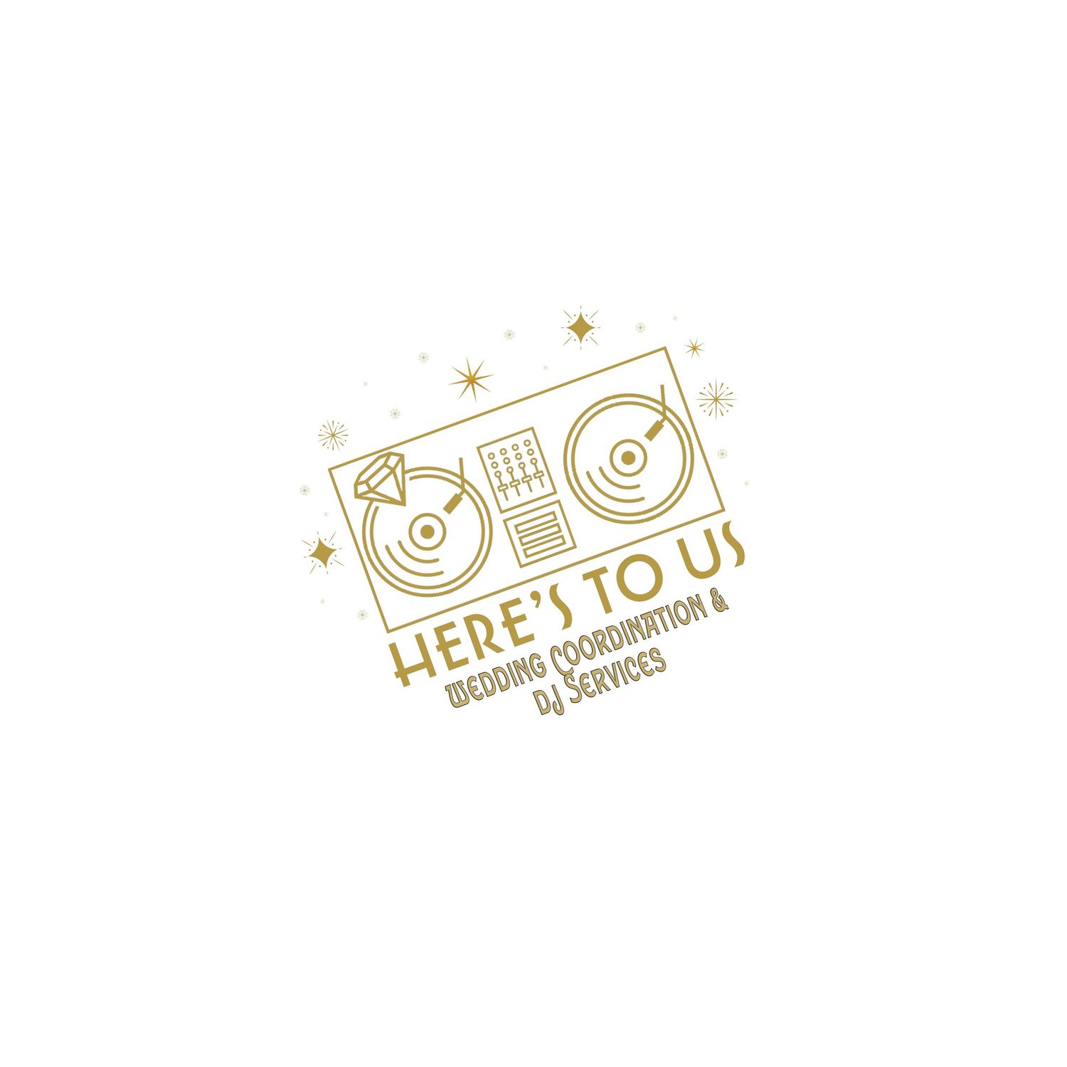 Gold minimalist DJ turntable logo for Here's To Us Wedding Coordination and DJ Services on white background.
