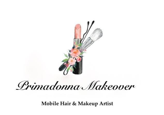 Primadonna Makeover logo featuring watercolor lipstick and brush with flowers, mobile hair and makeup artist branding.