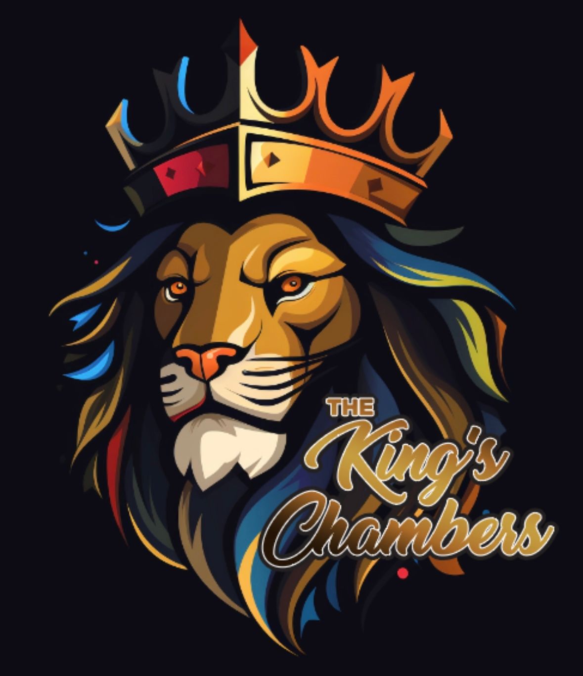 Colorful lion wearing a royal crown logo for The King's Chambers on dark background.