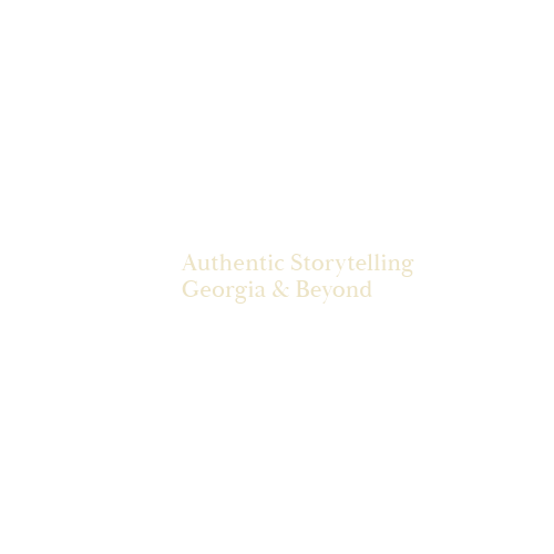 Minimalist white background with elegant gold text reading Authentic Storytelling Georgia & Beyond.