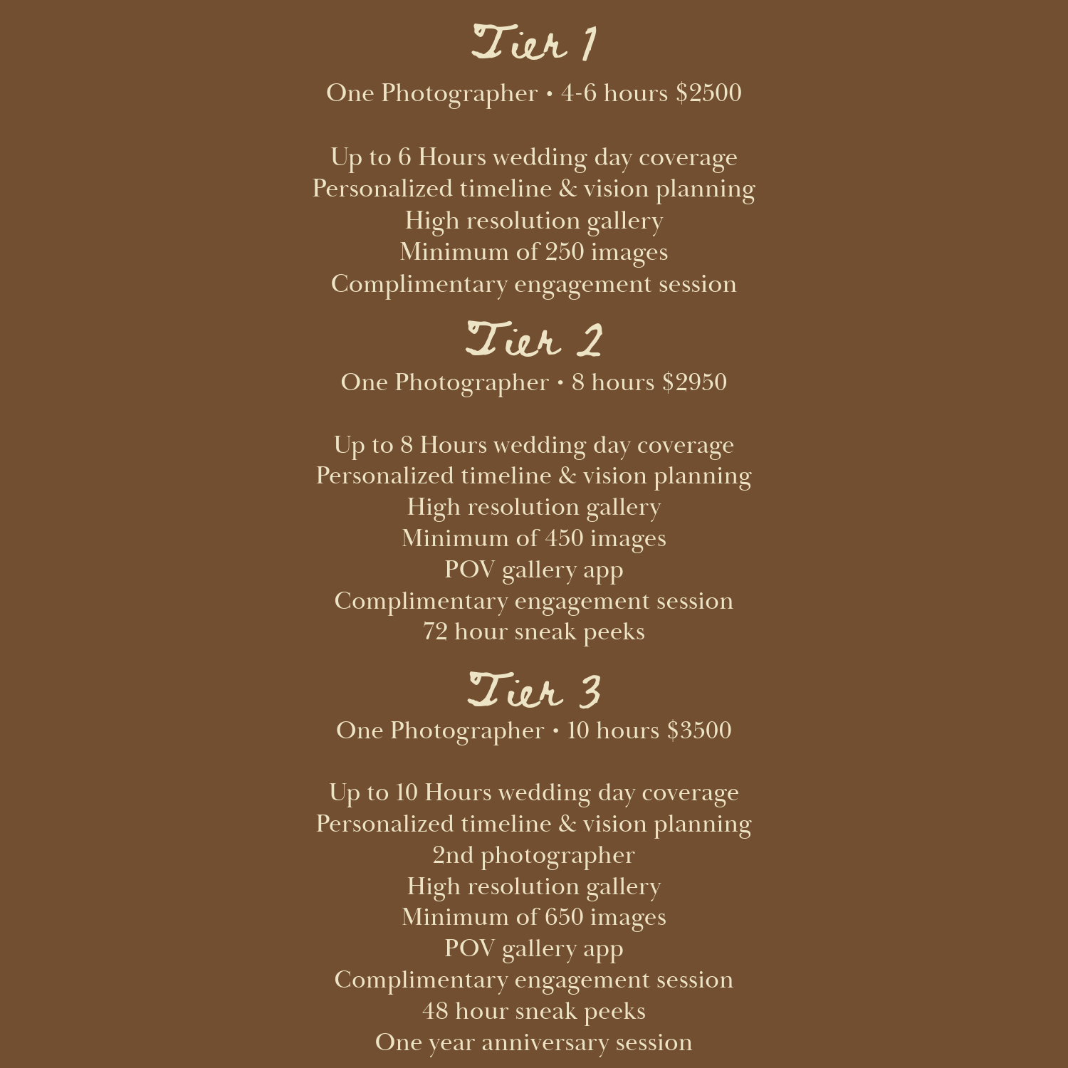Wedding photography pricing tiers 1-3 ranging from $2500 to $3500, detailing coverage hours, images, and included services.