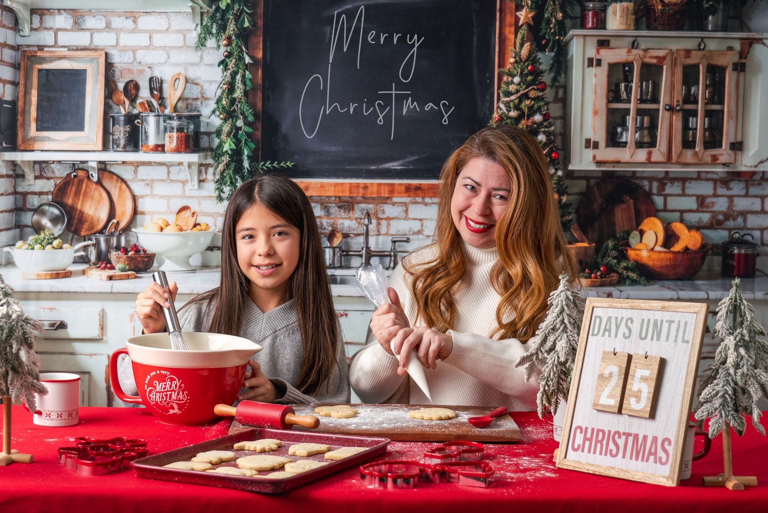 Friends enjoying Christmas cookies and hot drinks at a cozy holiday gathering with festive decorations.