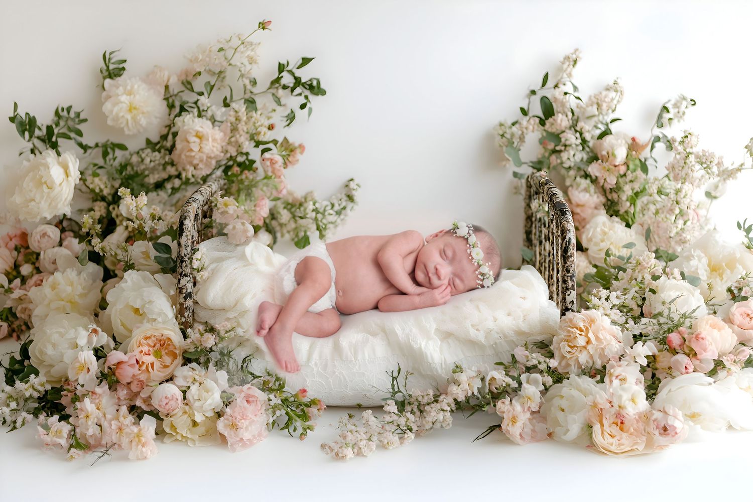 A delicate floral arrangement with white and pink roses creating a decorative border.