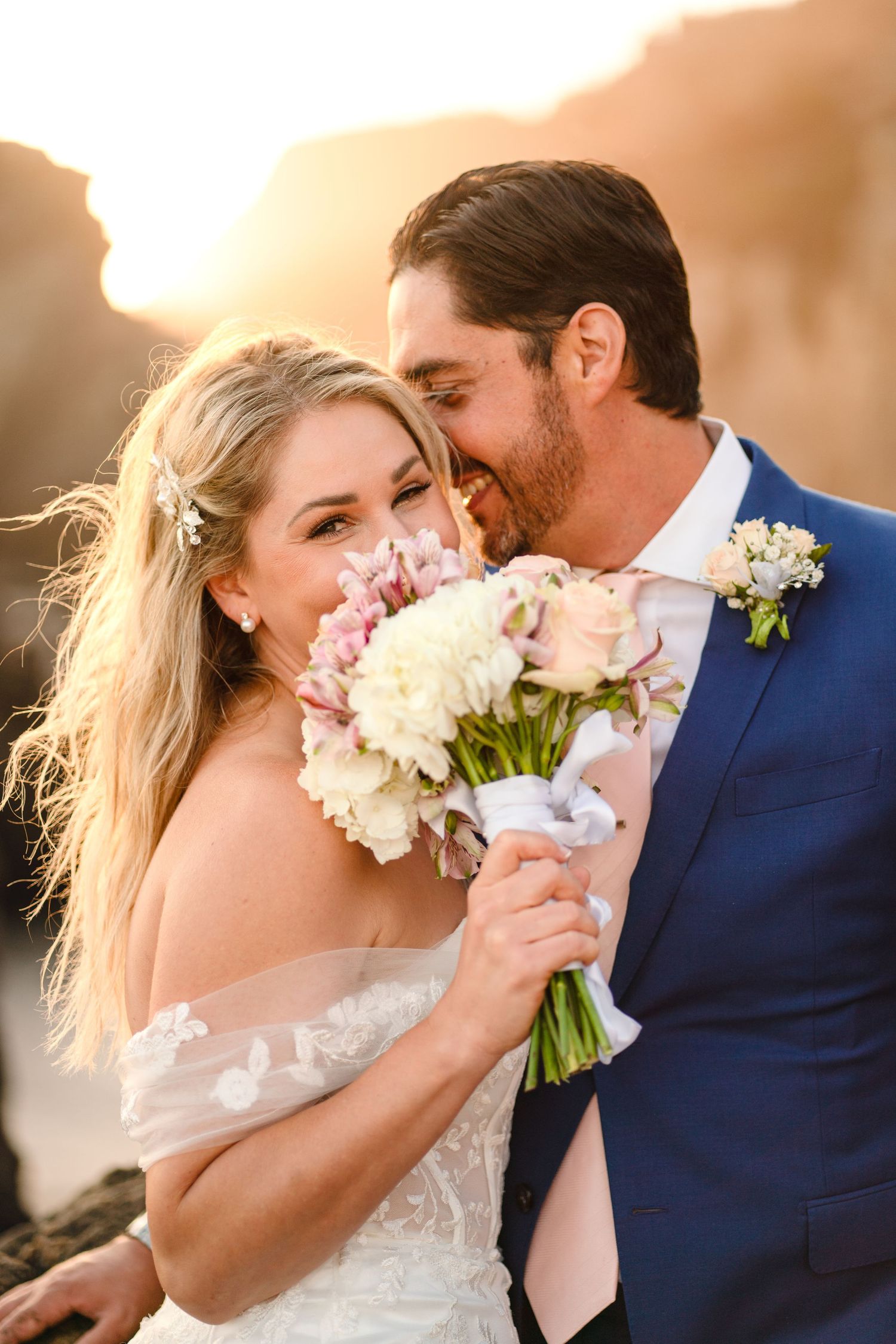 A romantic wedding photo sequence showing a couple sharing tender moments with a bouquet of white flowers at sunset.
